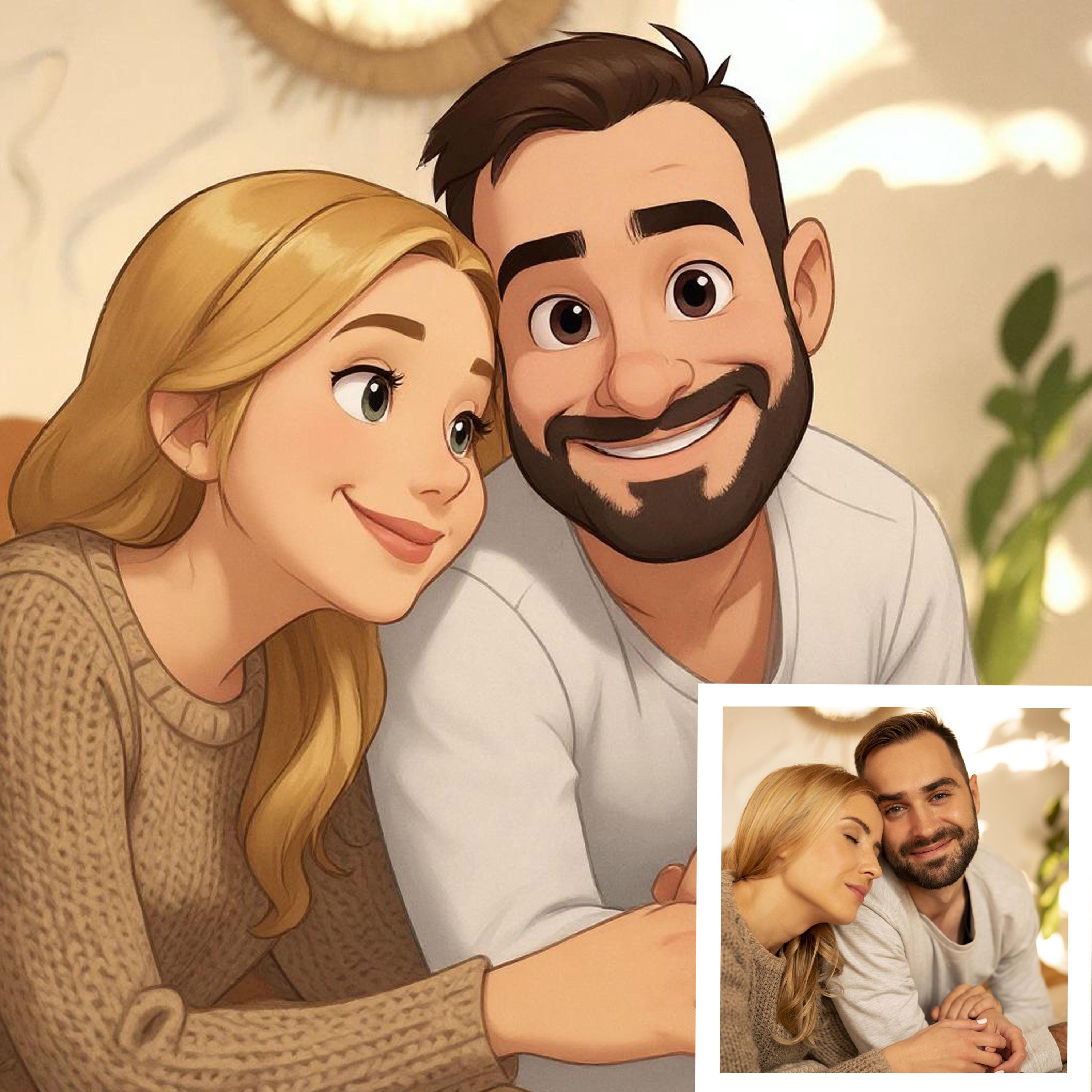 Custom retro storybook cartoon portrait of a couple, inspired by vintage animation, fast digital download gift.