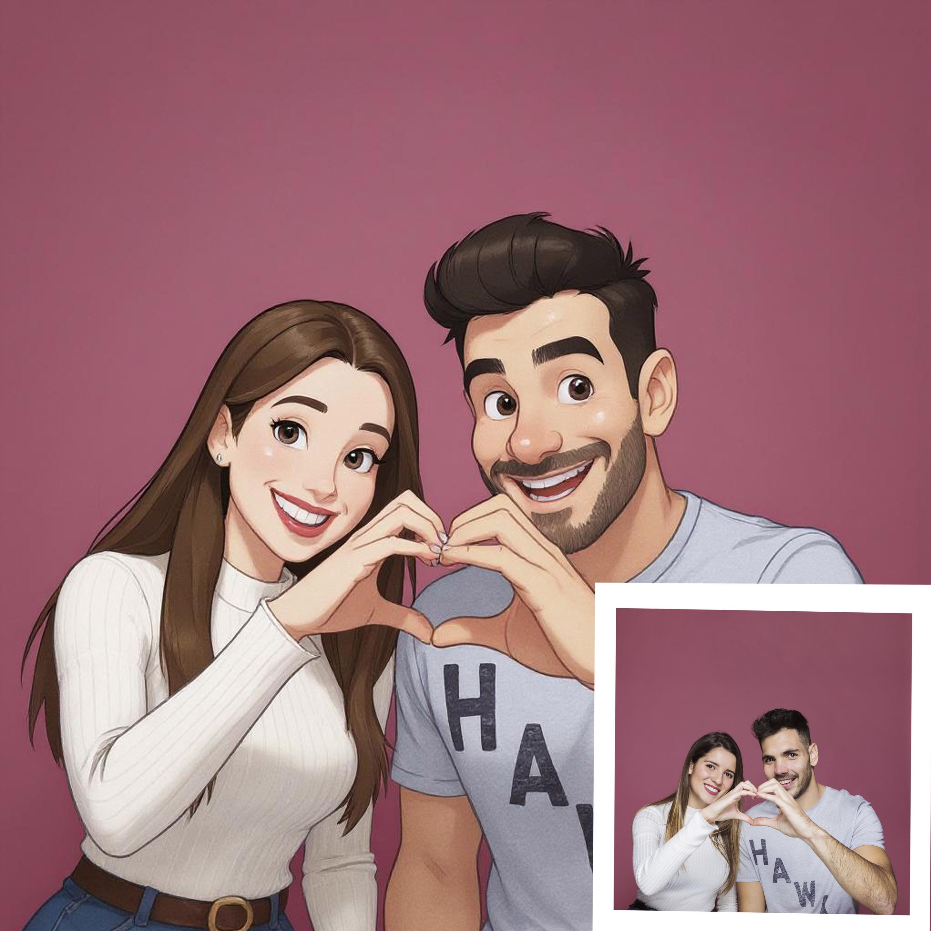 Retro storybook cartoon portrait of a couple making a heart shape with their hands, pastel colors, vintage style illustration.