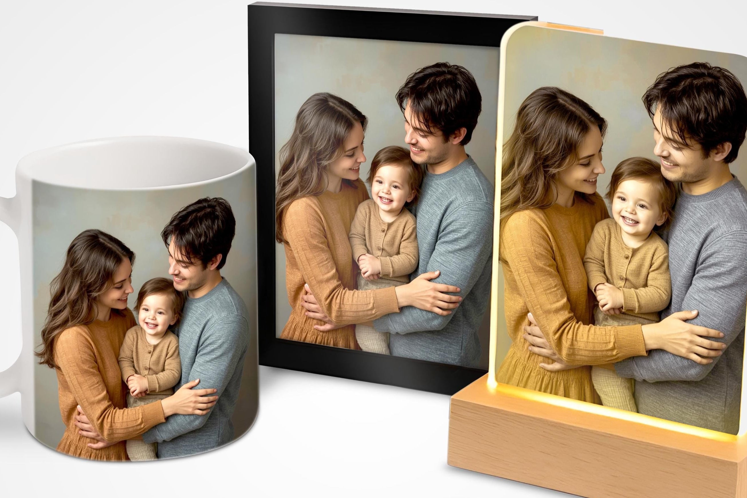 Custom photo gifts including mug, coaster, keyring, lamp, and frame featuring a happy family portrait.