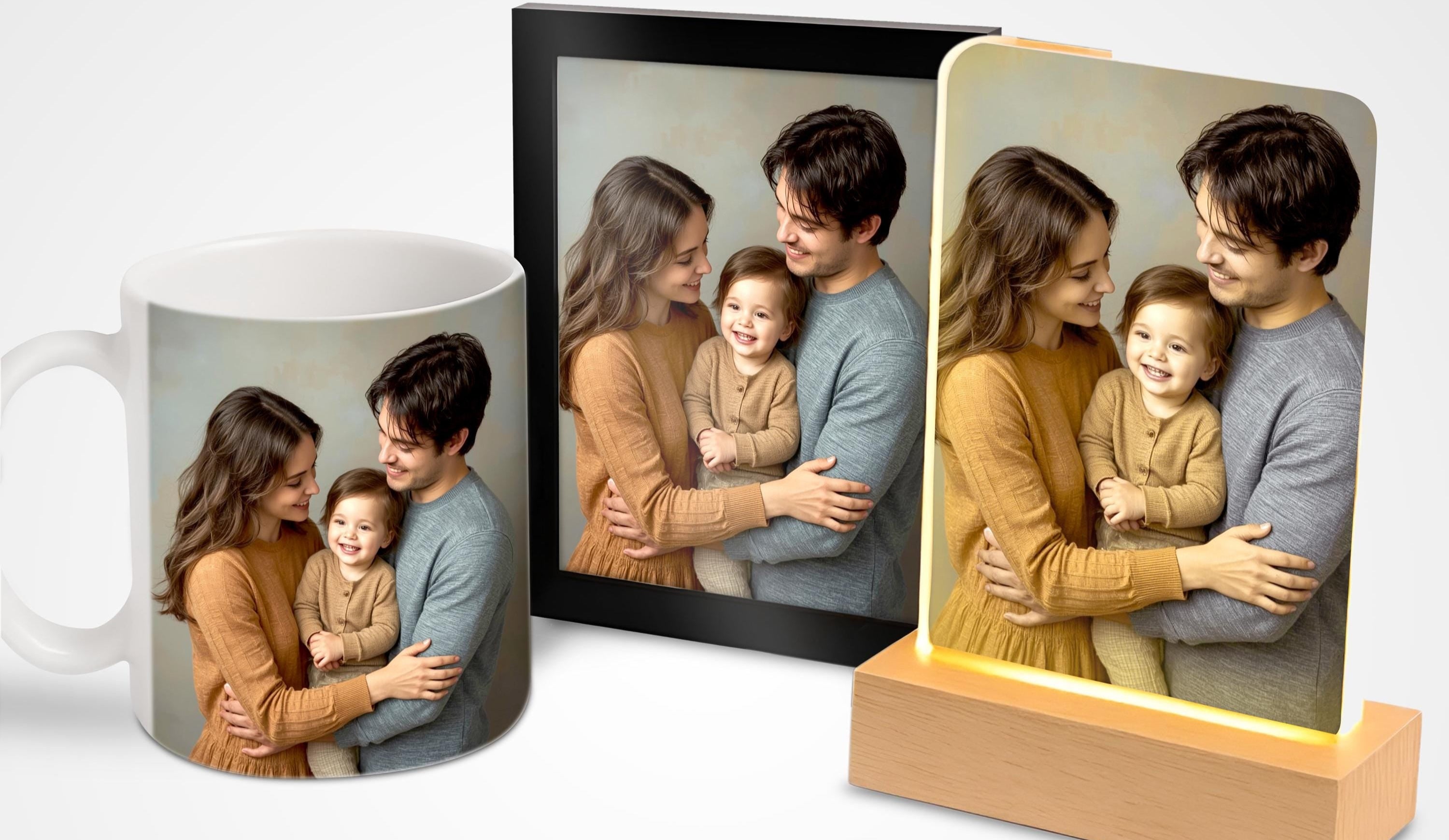 Custom photo gifts including mug, coaster, keyring, lamp, and frame featuring a happy family portrait.