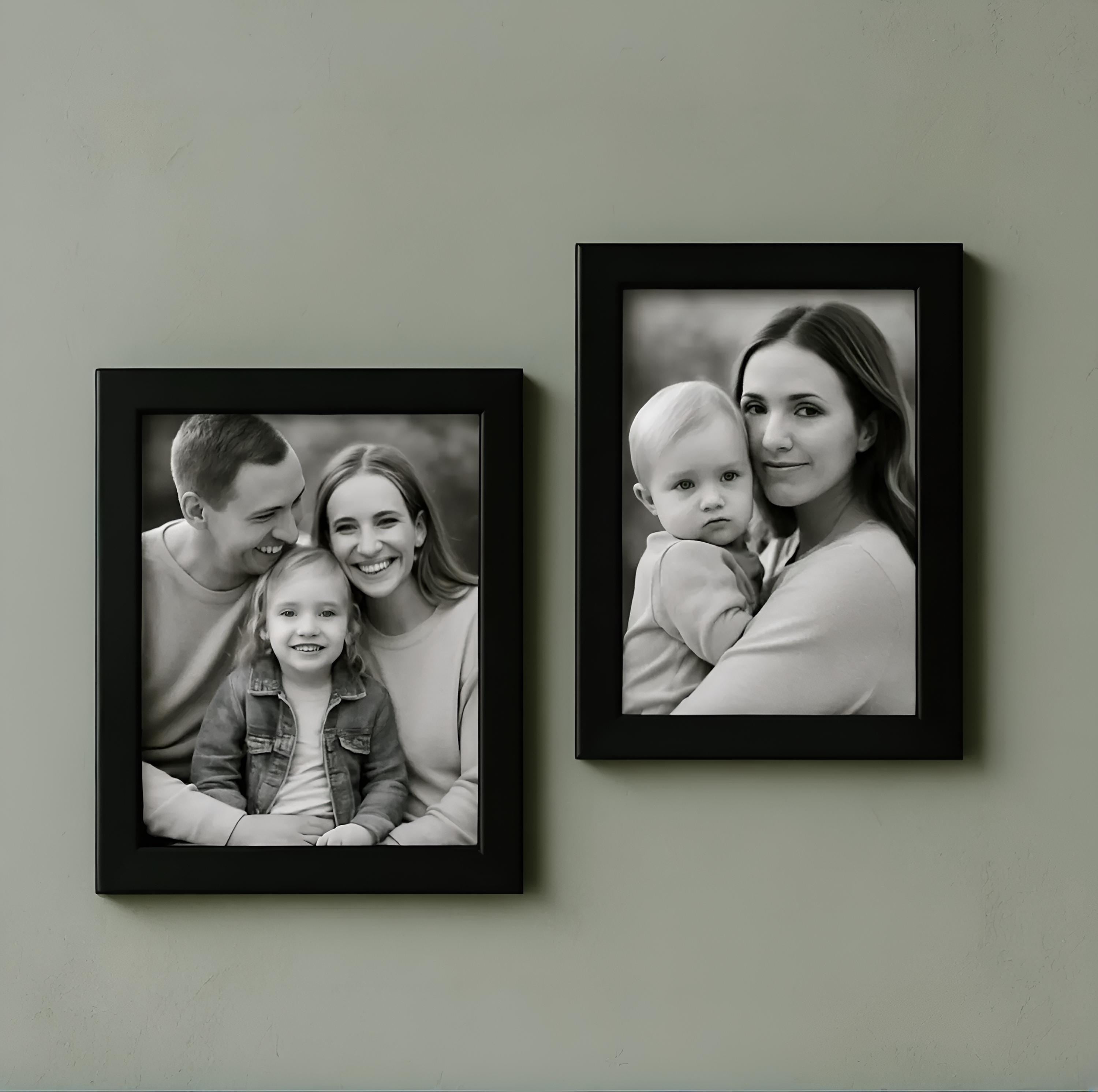 Black and white family portraits in stylish frames, capturing joyful moments of parents with their children.
