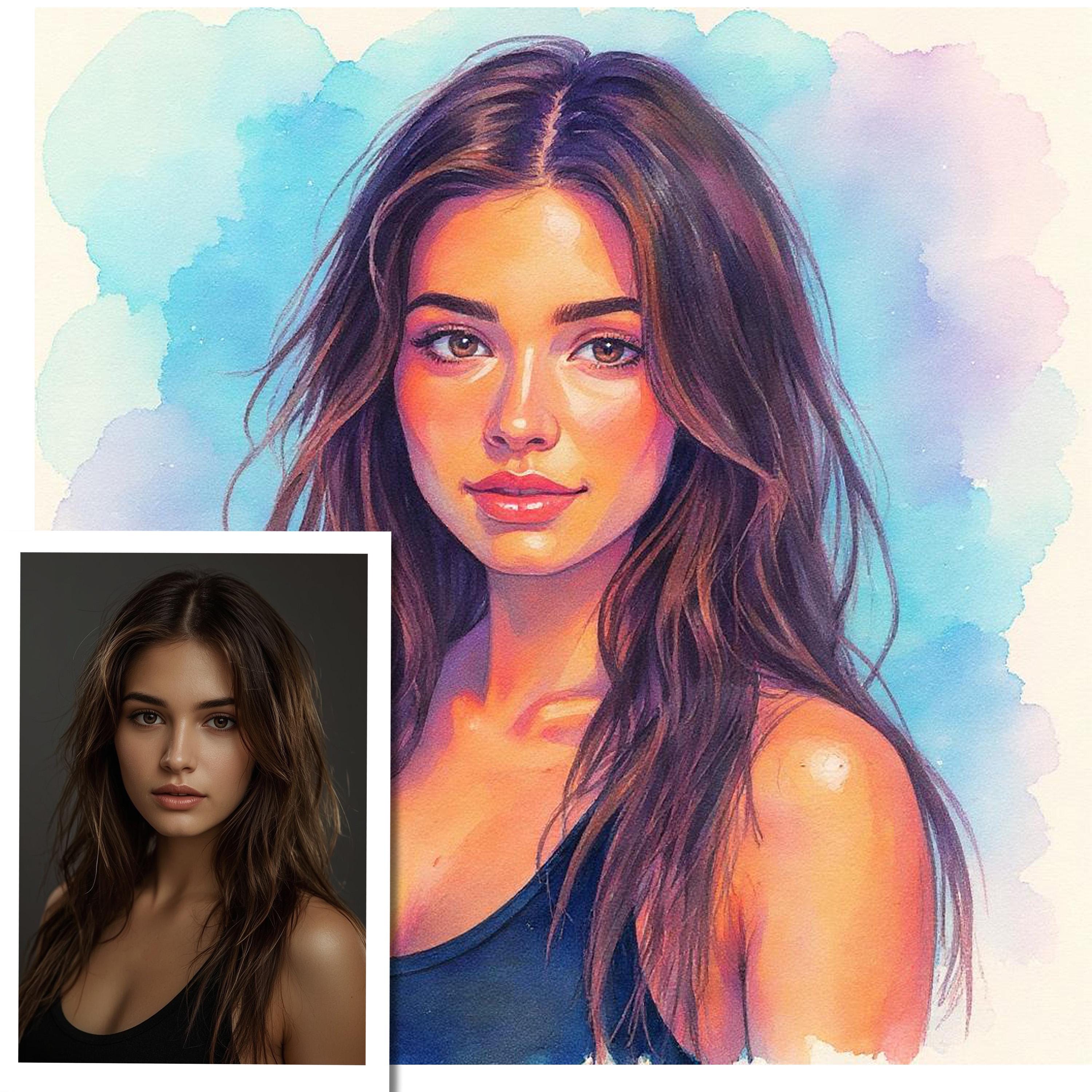 Custom watercolor portrait from photo of a young woman with long hair and glowing skin.