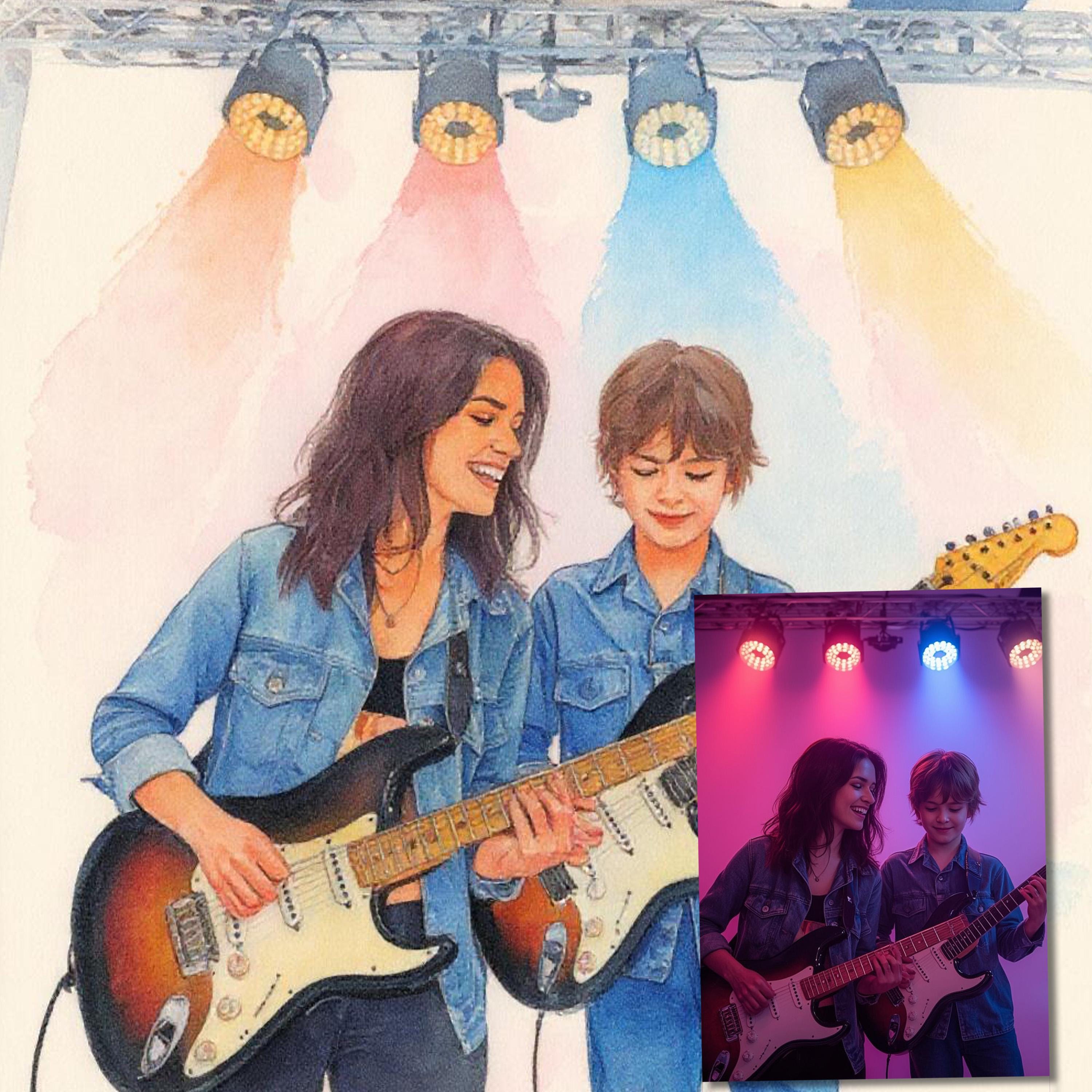 Custom watercolor portrait of two women playing guitars under colorful stage lights.