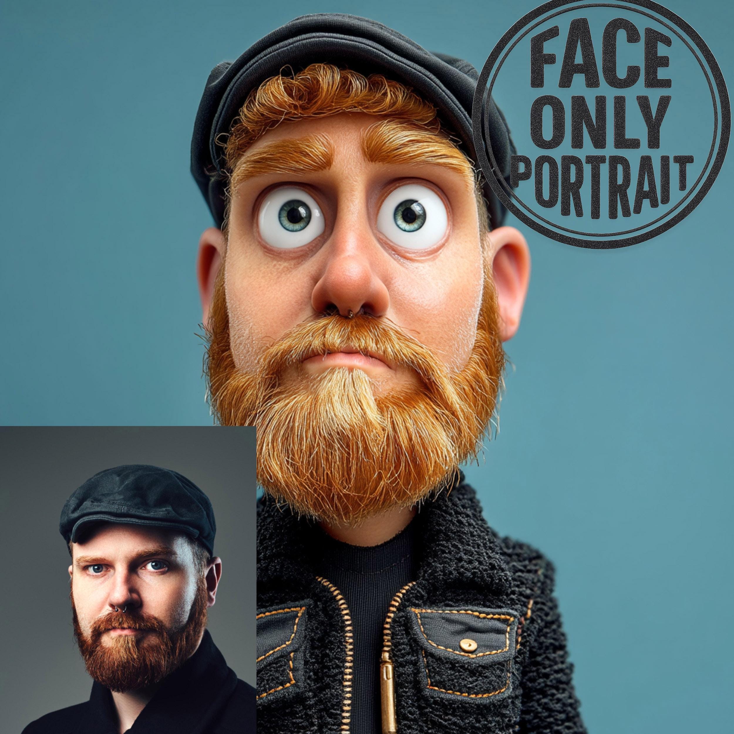 Custom face cartoon portrait with vibrant colors and humorous expression for personalized gifts.