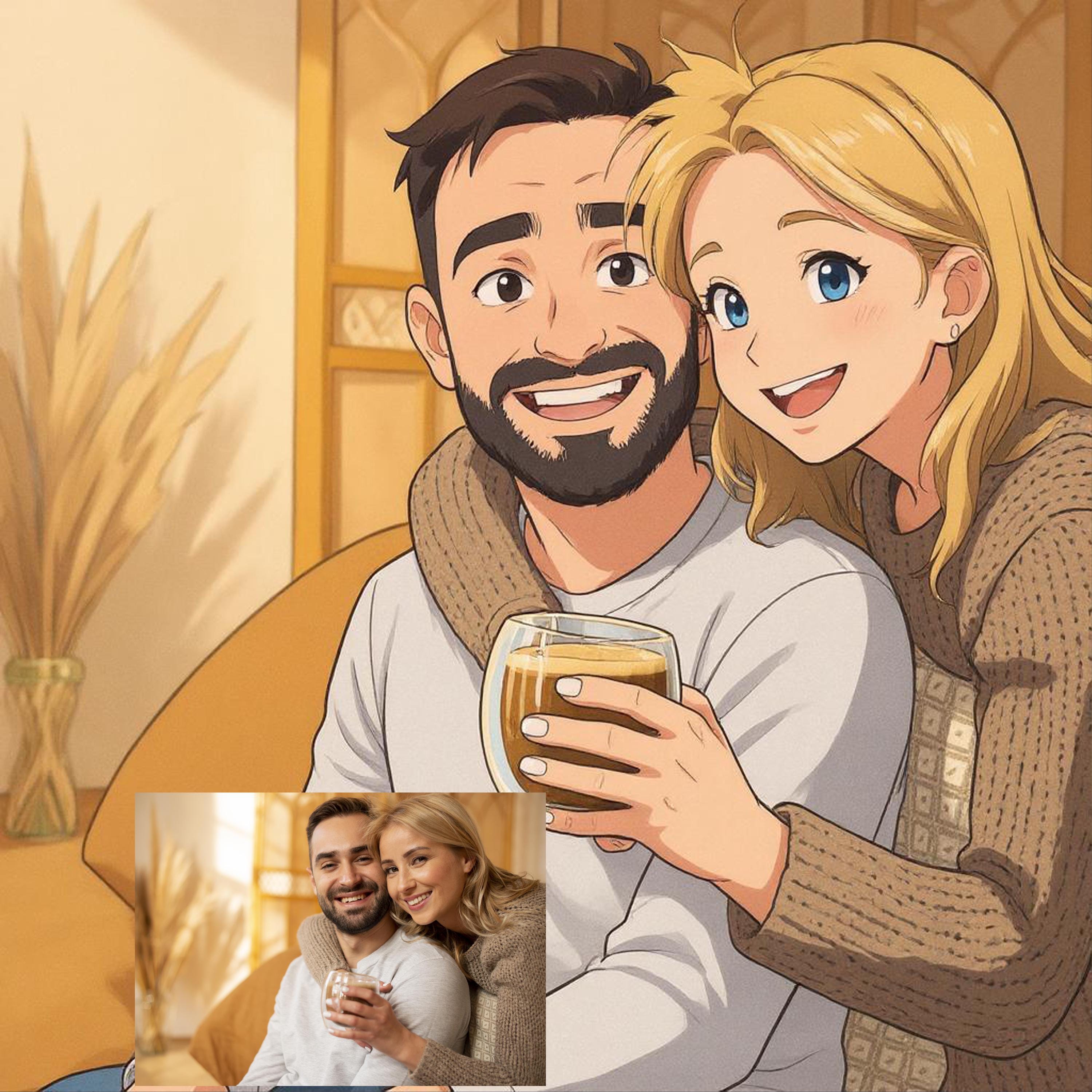 Whimsical pastel anime portrait of a cheerful couple enjoying drinks, inspired by a personal photo, soft storybook style.