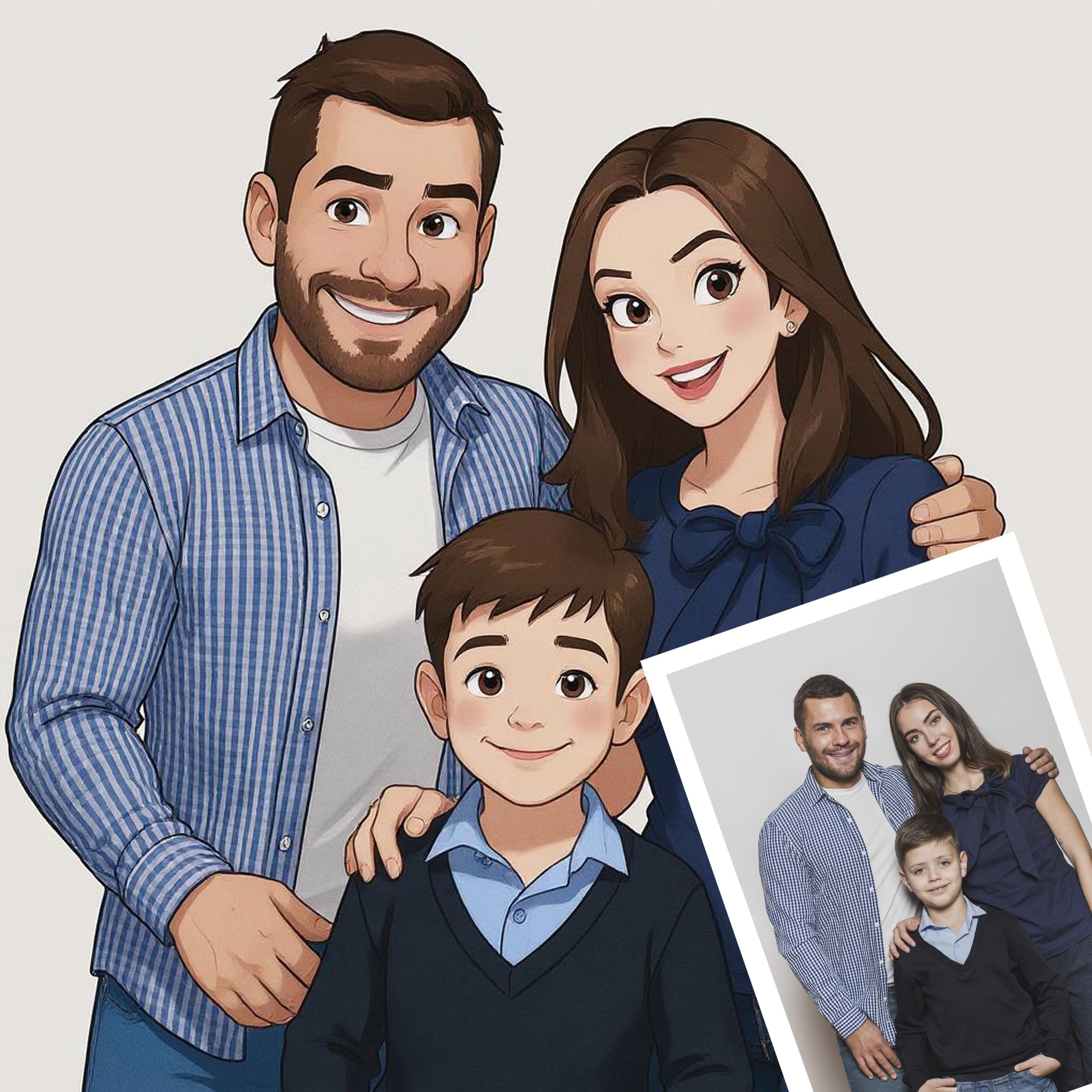 Custom retro cartoon portrait of a family, showcasing a father, mother, and son in vibrant colors.