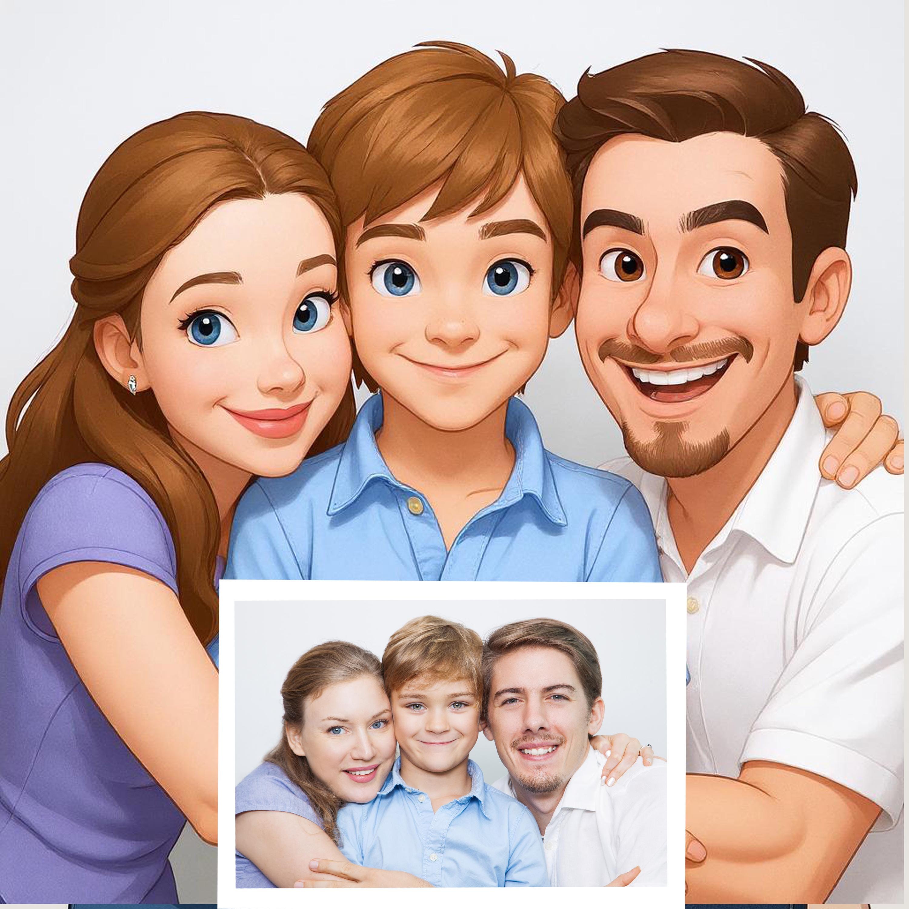 Custom retro cartoon portrait of a family, inspired by vintage animation, from a personal photo.