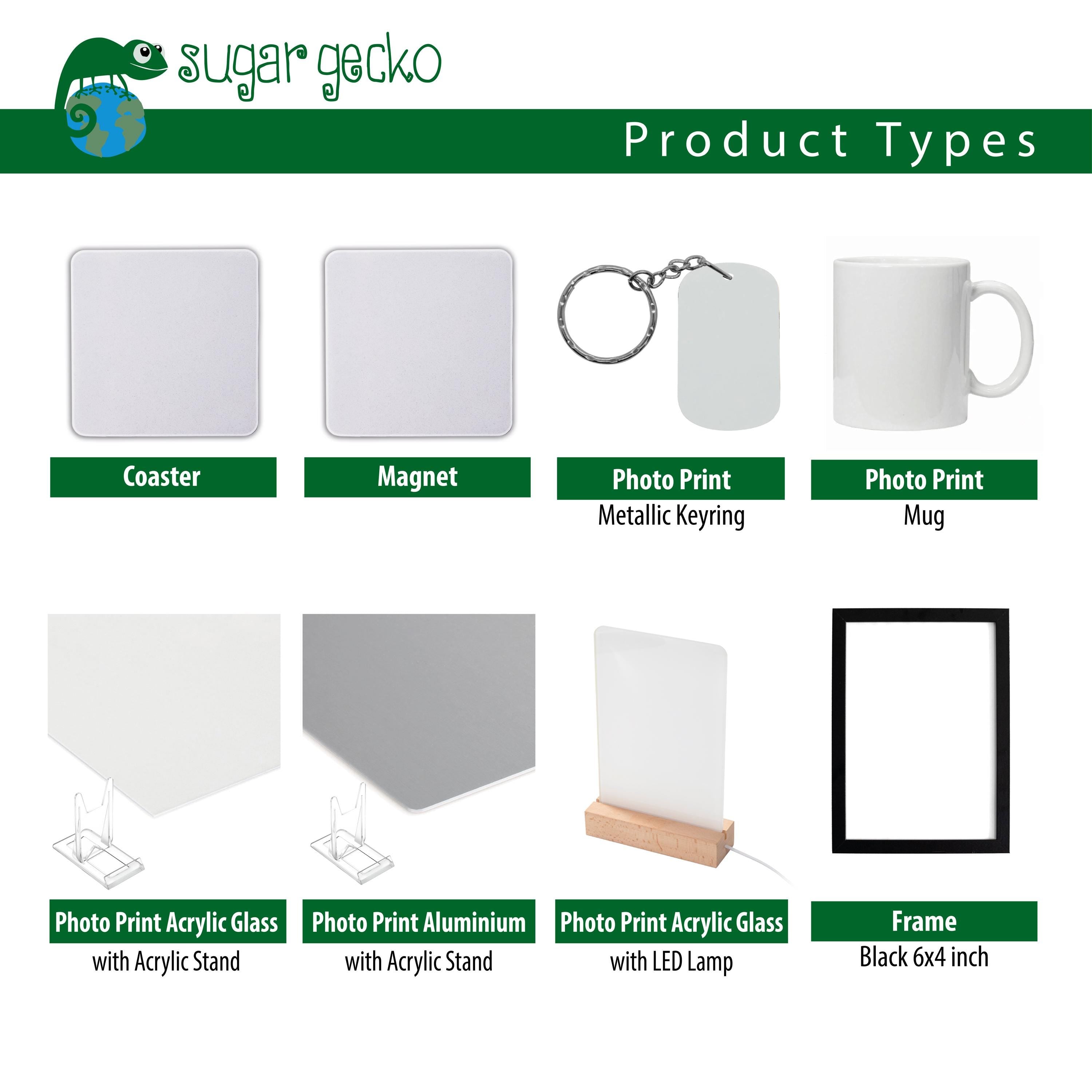 Custom photo gift options: coaster, magnet, keyring, mug, acrylic block, aluminium print, LED lamp, frame.