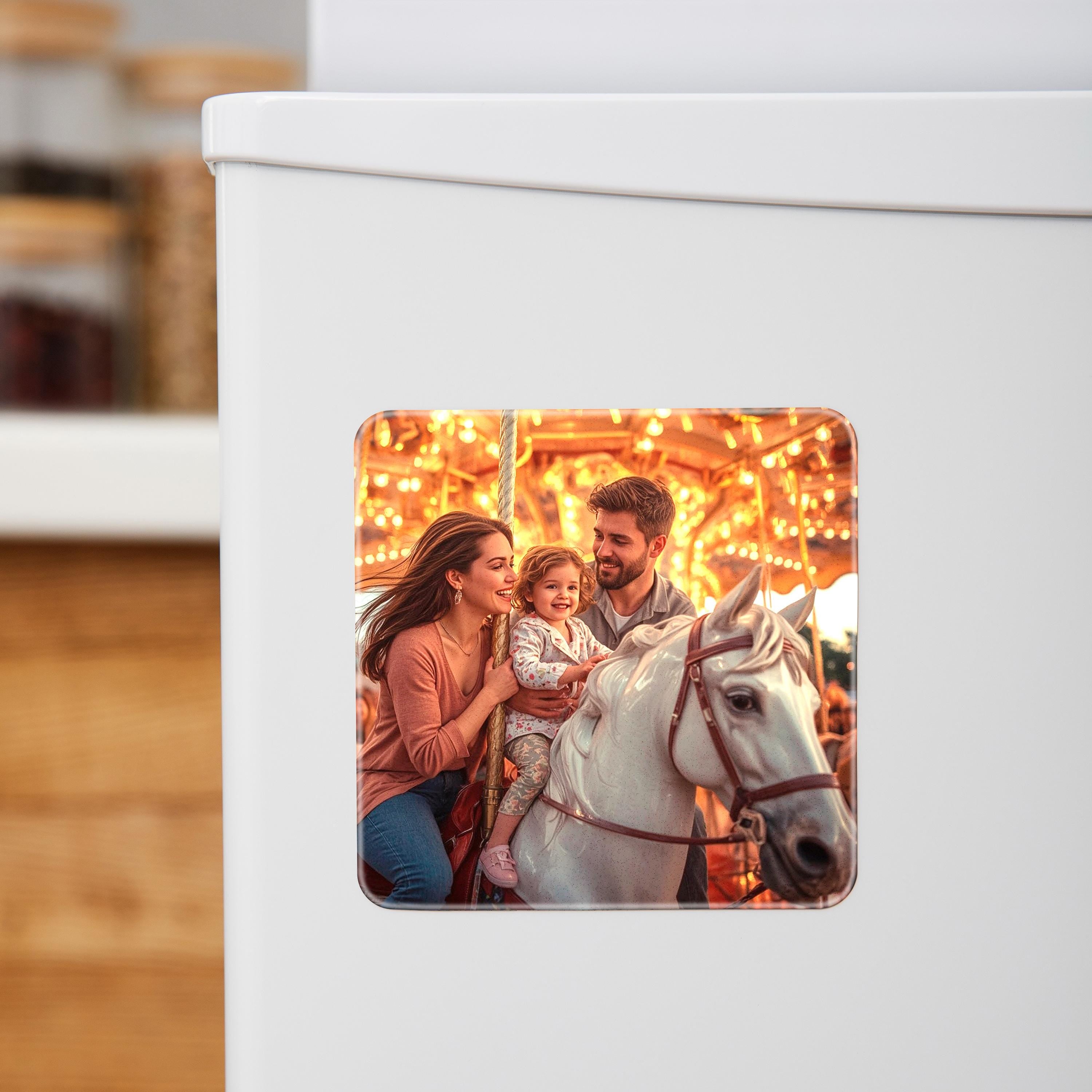 Custom photo magnet featuring a family enjoying a carousel ride with a white horse.