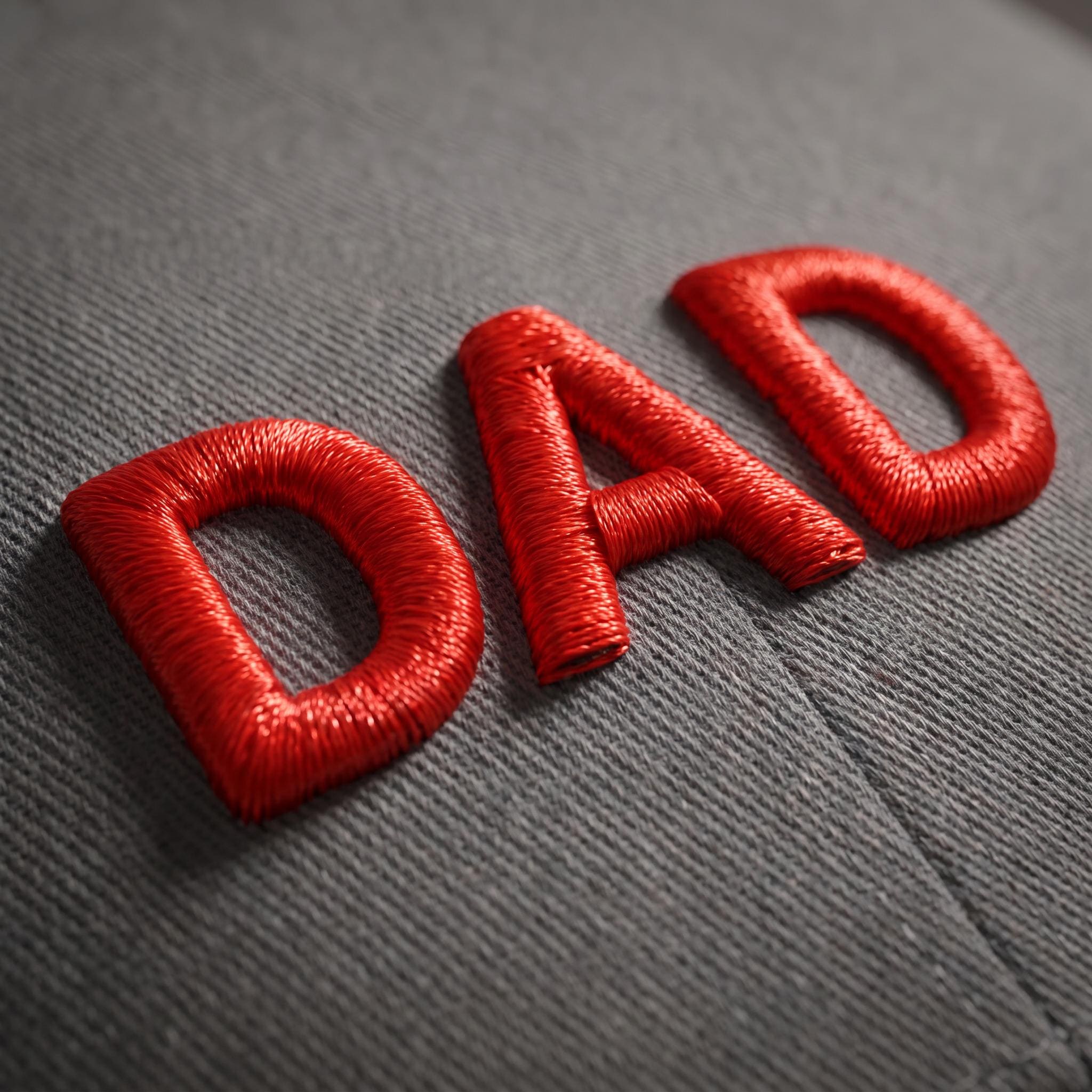 Close-up of the raised red 3D puff embroidery lettering on a grey baseball cap