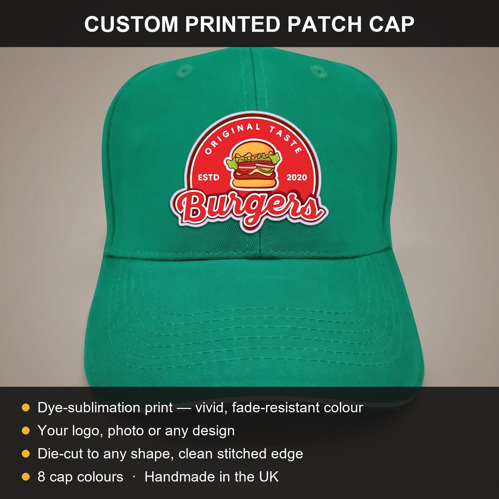 Custom printed patch cap features: dye-sublimation vivid colour, any logo photo or design, die-cut any shape, 8 cap colours, made in the UK