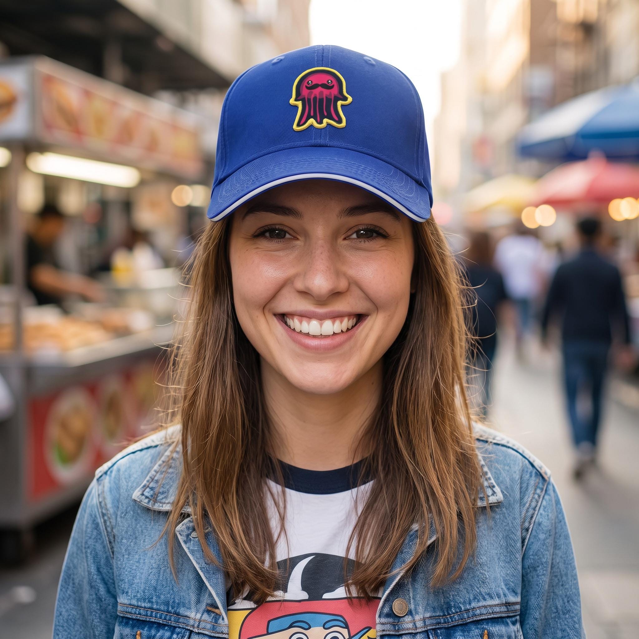 Young person wearing a royal blue custom printed patch cap outdoors