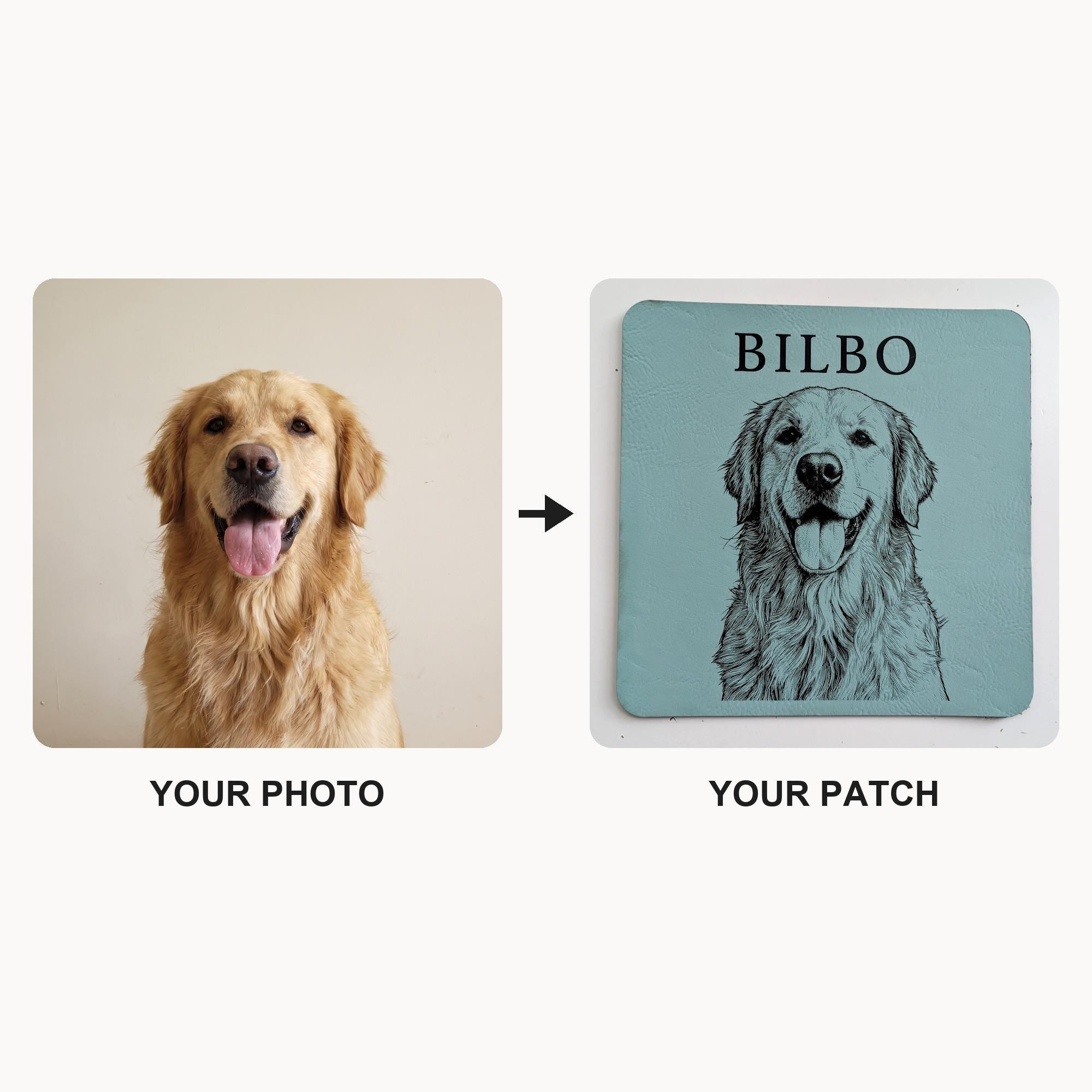 From your photo to your patch: golden retriever photo transformed into an engraved teal leather patch