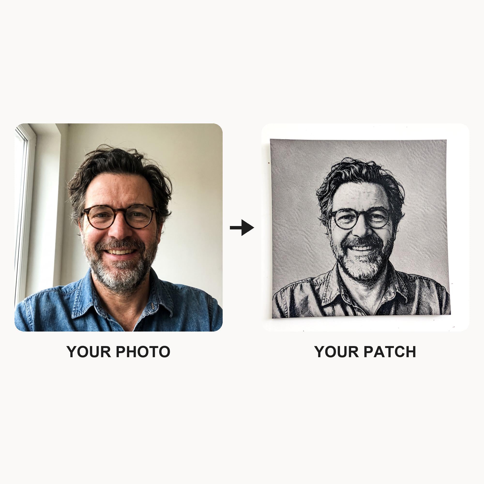 From your photo to your patch: portrait photo transformed into an engraved grey leather patch