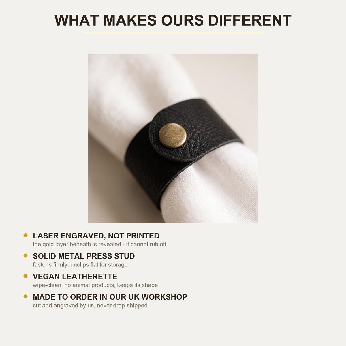 What makes these napkin rings different: laser engraved, solid metal press stud, vegan leatherette, made to order