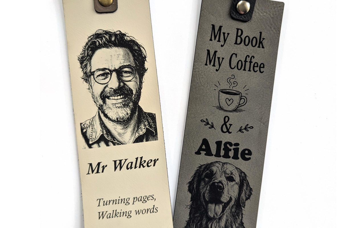 Two personalised vegan leather bookmarks, cream with an engraved portrait and grey with an engraved golden retriever