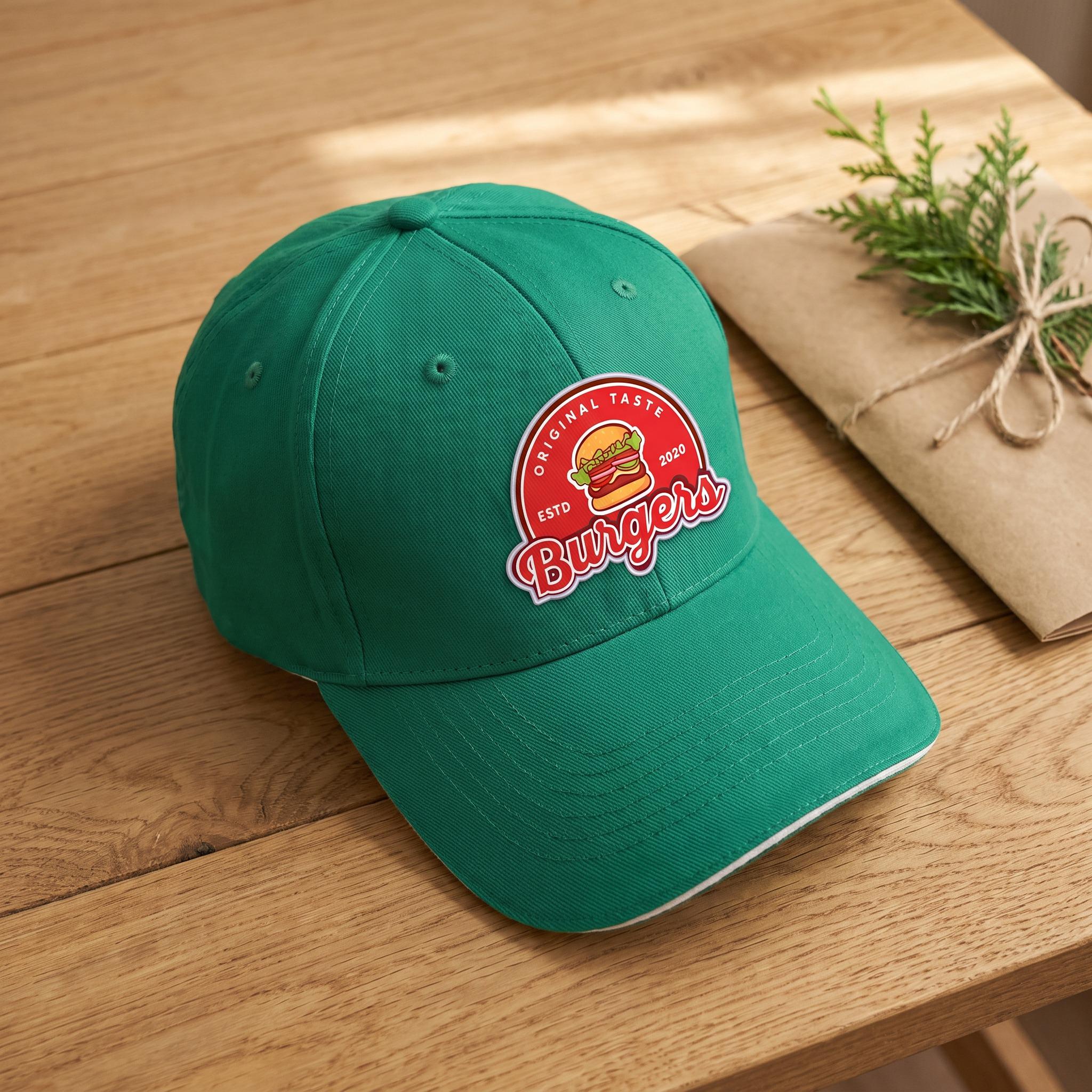Personalised printed patch cap styled as a gift with kraft paper, made in the UK