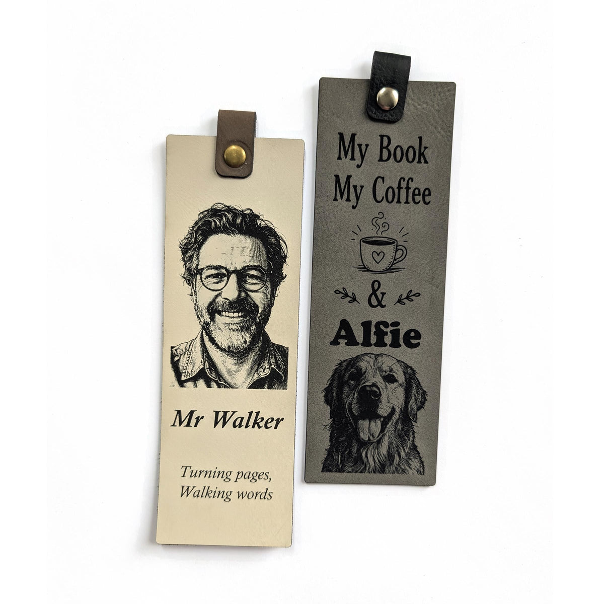 Cream and grey personalised vegan leather bookmarks side by side with their tabs and snaps