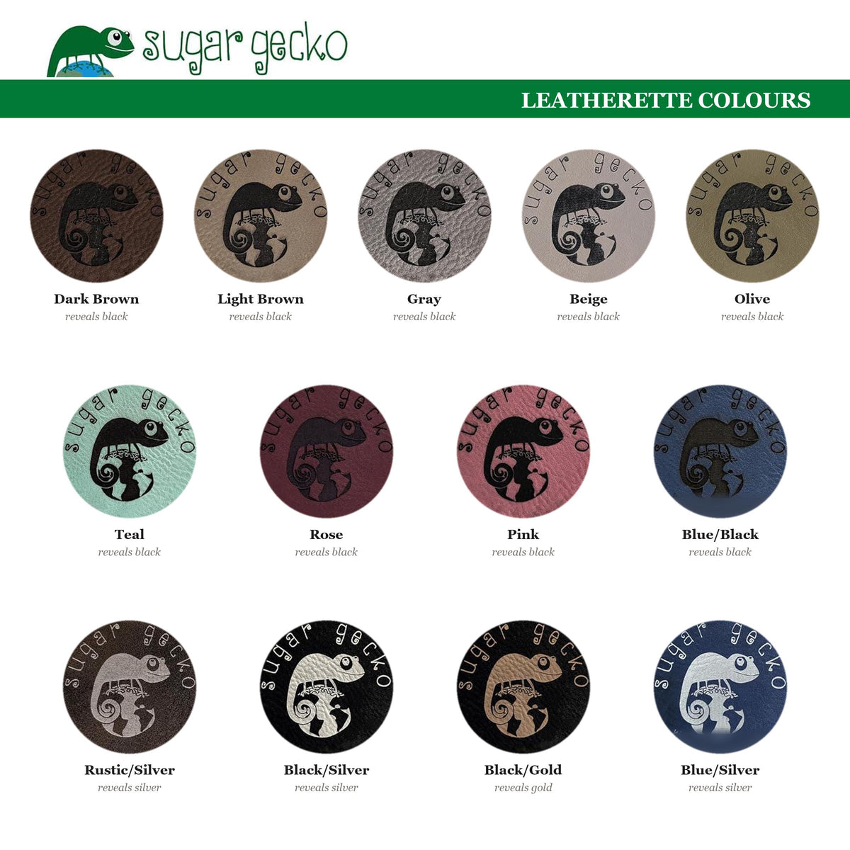 All thirteen leatherette colours, black reveal on nine shades and gold or silver on four