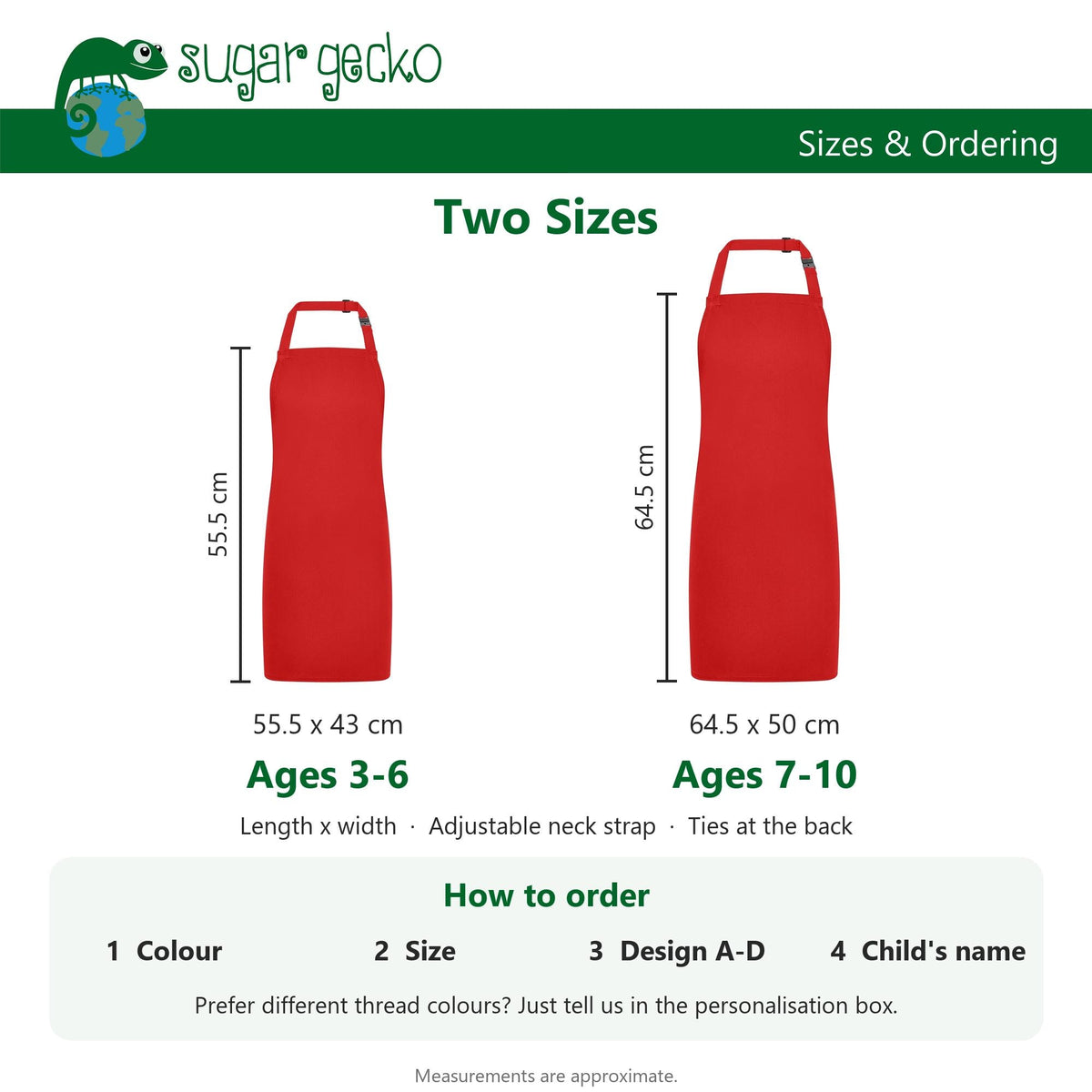 Kids apron sizes: ages 3-6 is 55.5 x 43 cm and ages 7-10 is 64.5 x 50 cm, with how to order