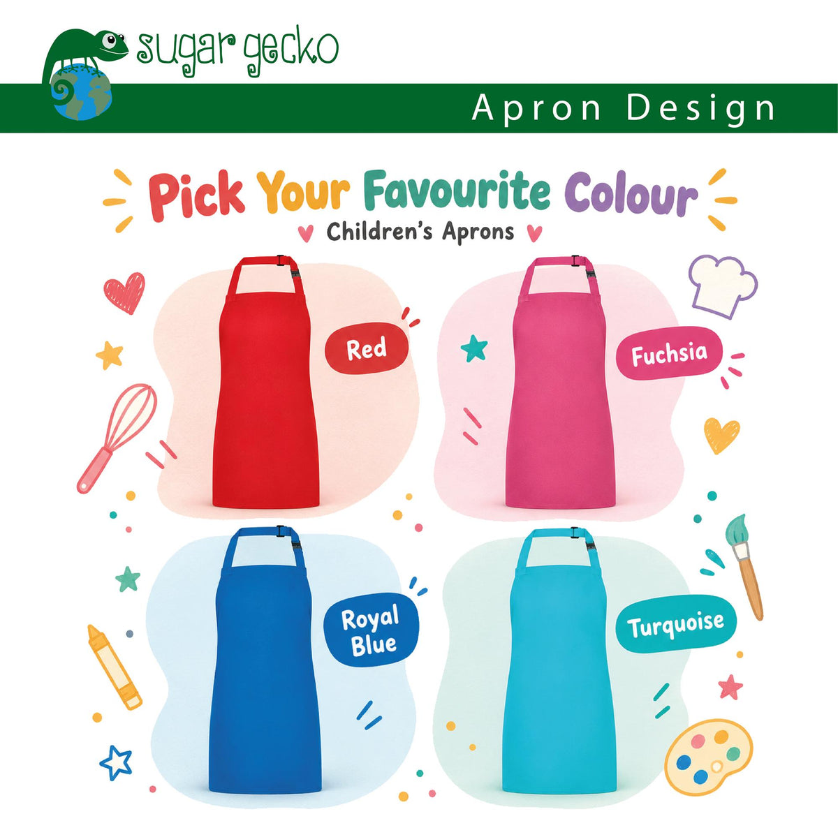 Kids apron colours: red, fuchsia, royal blue and turquoise