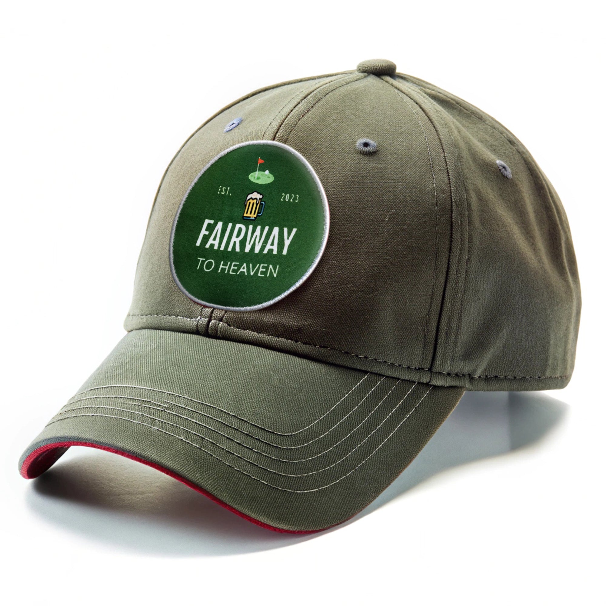 Olive green baseball cap with 'Fairway to Heaven' logo printed on front, ideal for casual wear or golfing.