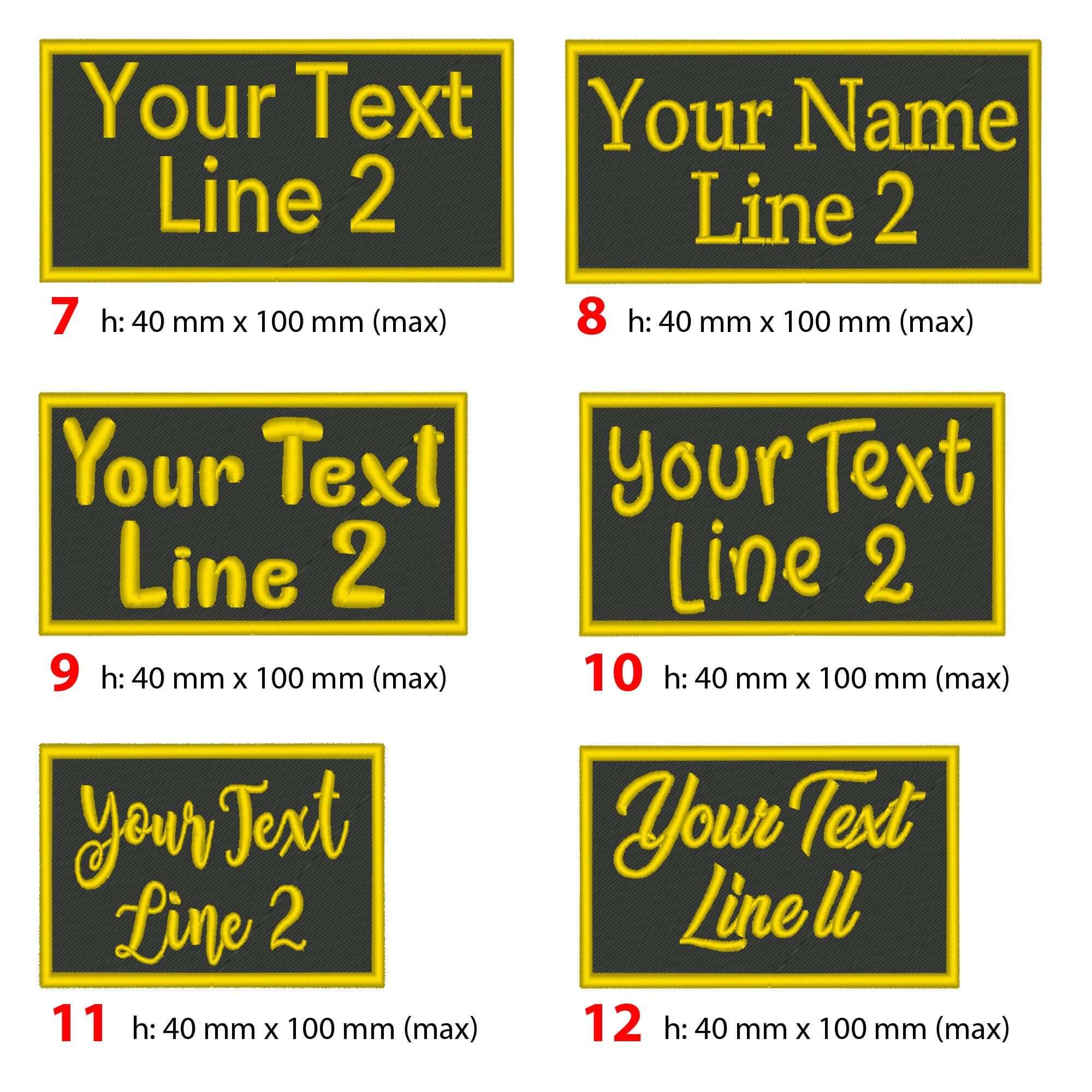 Custom embroidered patches with personalized text examples, available in various designs and sizes.