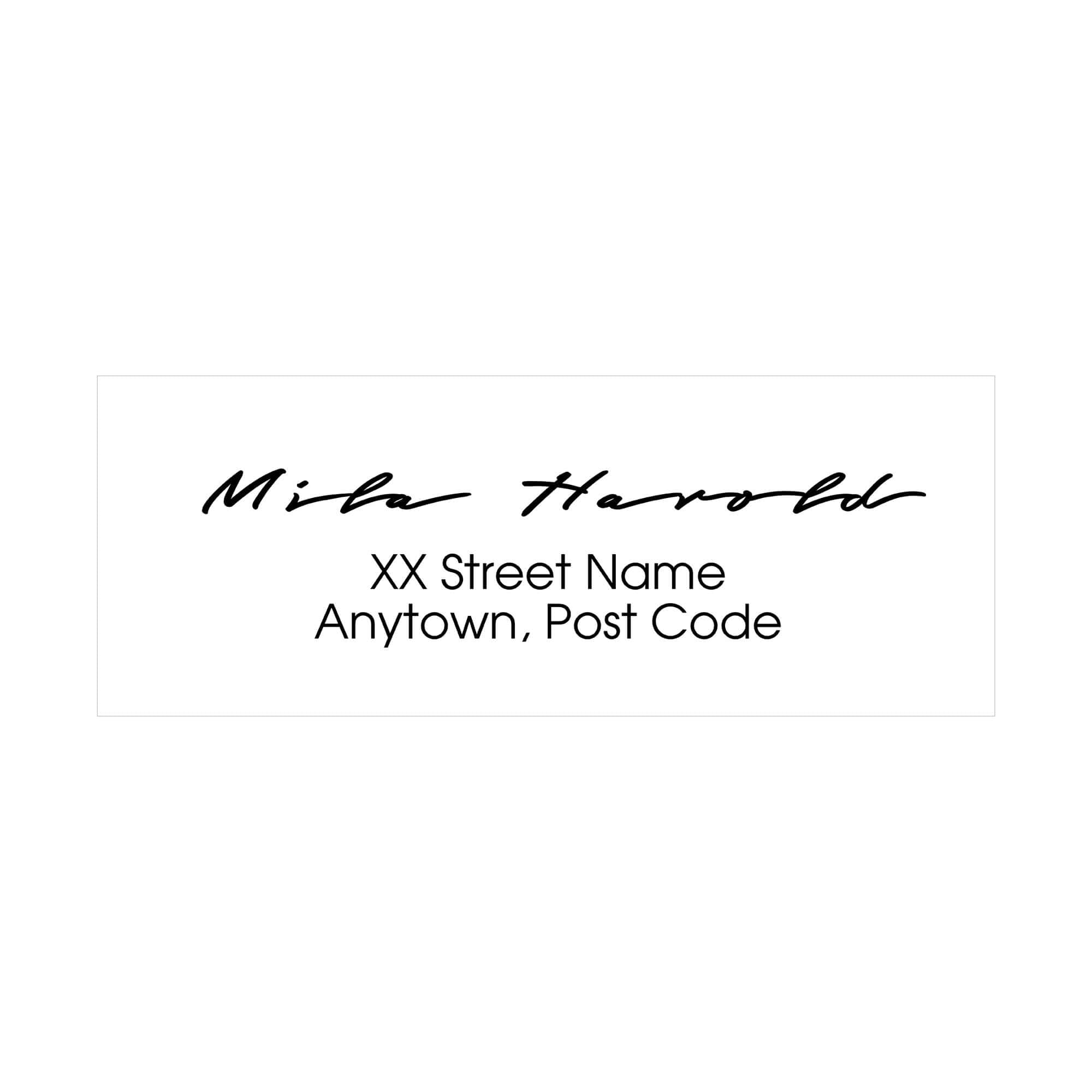 Custom address stamp showcasing handwritten style with name and address details for personalized mail.
