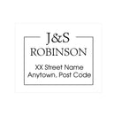 Custom address stamp design featuring "J&S Robinson" with placeholder text for street and town.