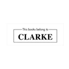 Personalized book stamp with the text 'This books belong to CLARKE' for book lovers and classrooms.