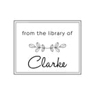 Personalized library stamp design featuring the text 'from the library of Clarke' with decorative elements.