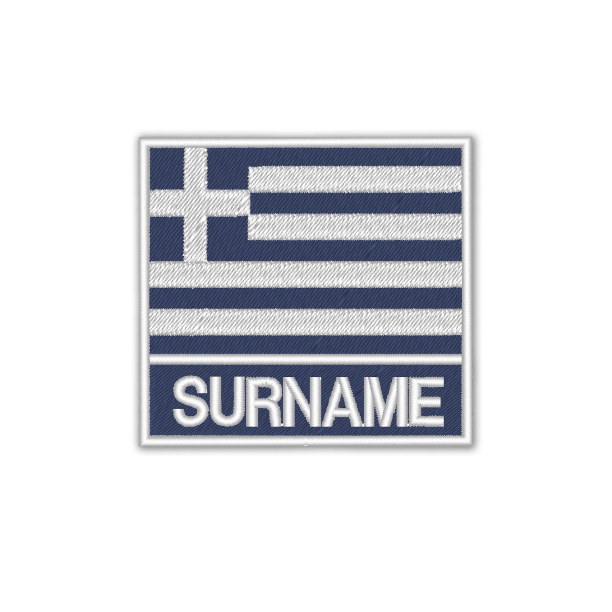 Personalised embroidered Greece flag patch with custom surname, iron-on or sew-on embroidery.