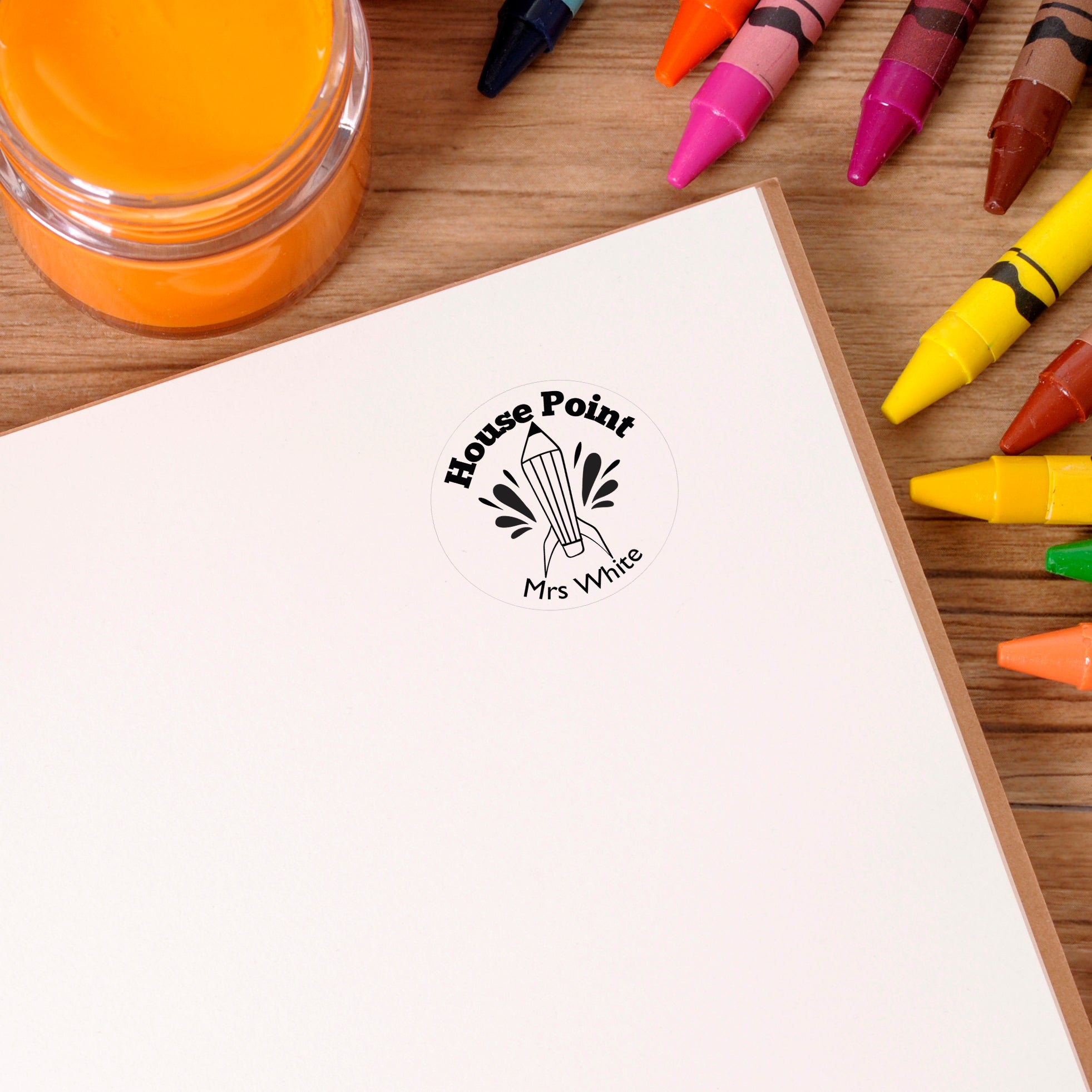 Custom teacher stamp with 'House Point' text and 'Mrs White' name, ideal for classroom use and personalized teacher gifts.