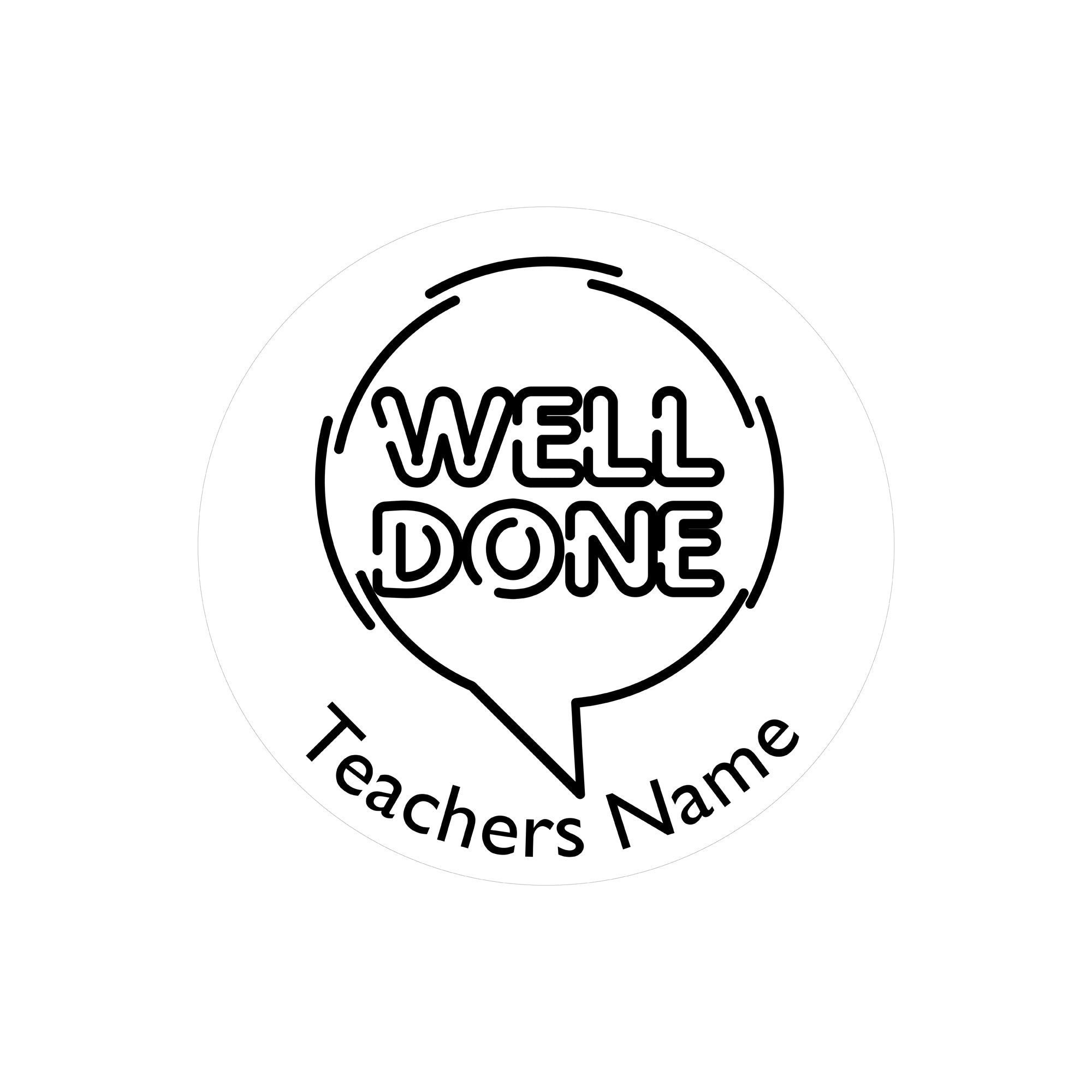 Custom teacher stamp design featuring 'WELL DONE' with space for teacher's name, ideal for classroom use and gifts.
