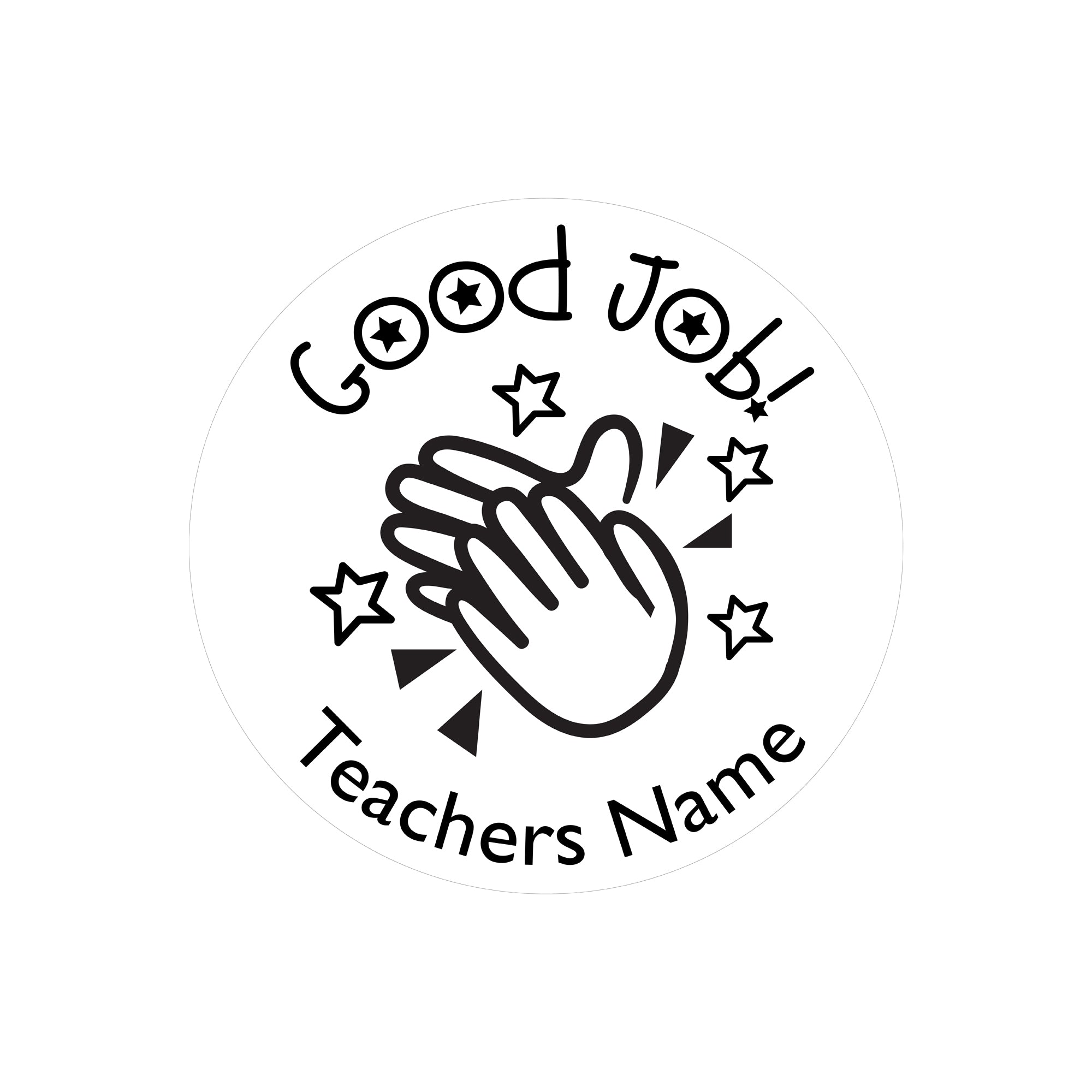 Custom teacher stamp with 'Good Job!' message and space for teacher's name, perfect for classroom rewards.