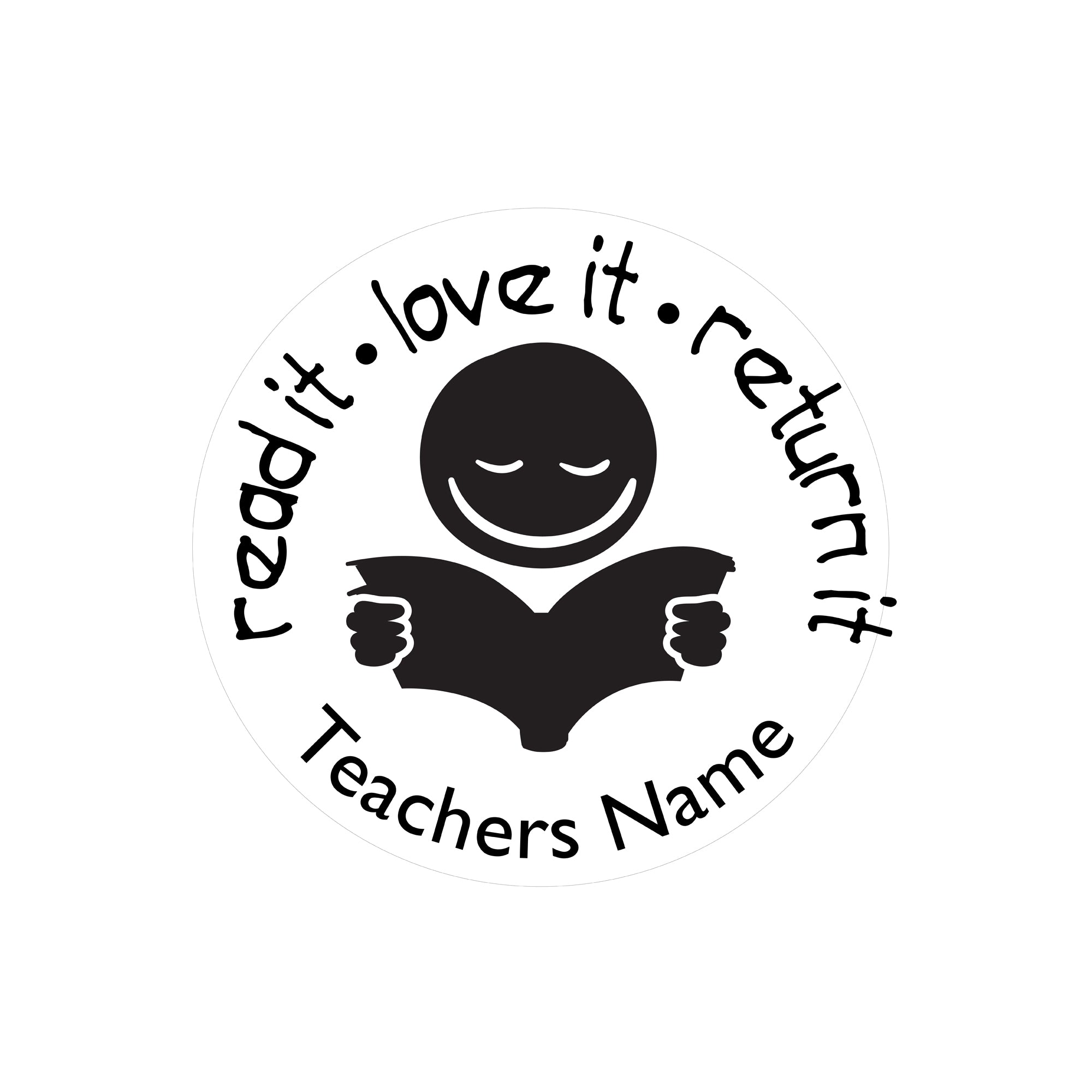 Custom teacher stamp with a smiling figure holding a book, featuring 'read it, love it, return it' and customizable teacher's name.