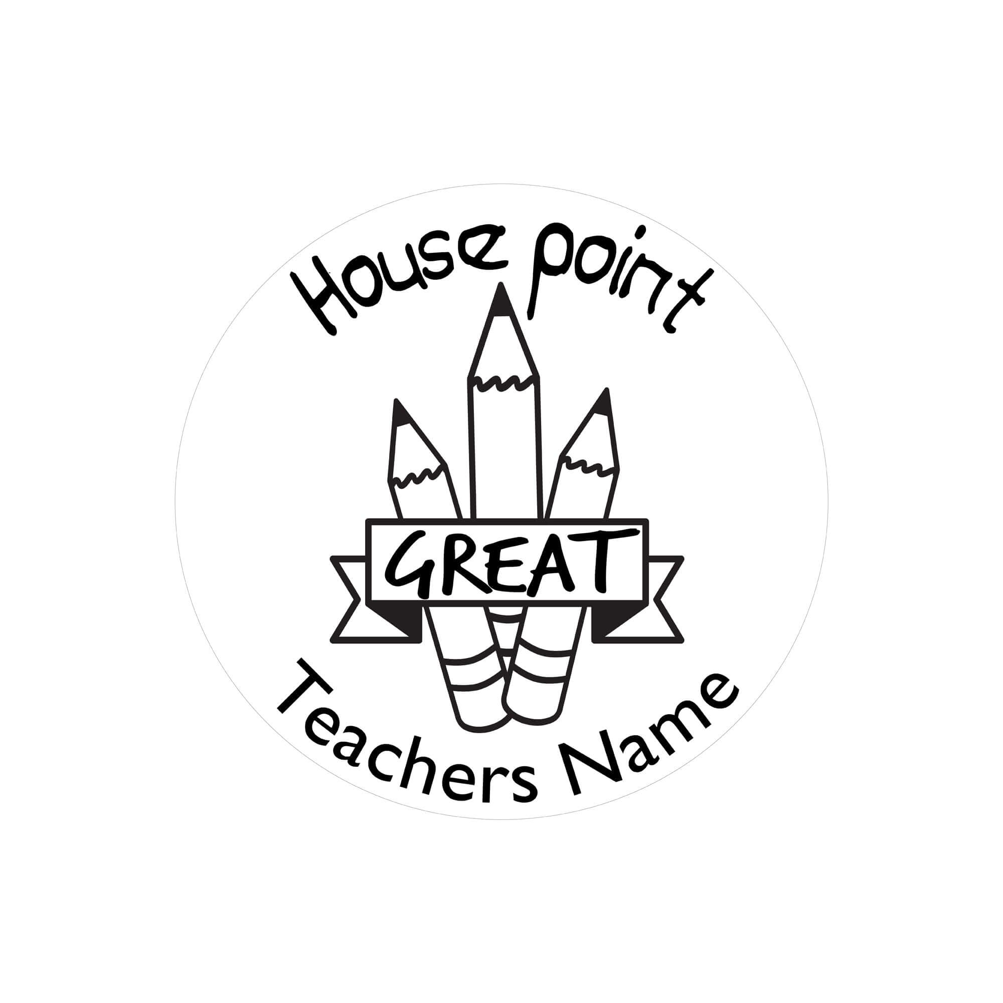 Custom teacher stamp featuring pencils and text for house points, personalized with teacher's name and 'GREAT' badge.
