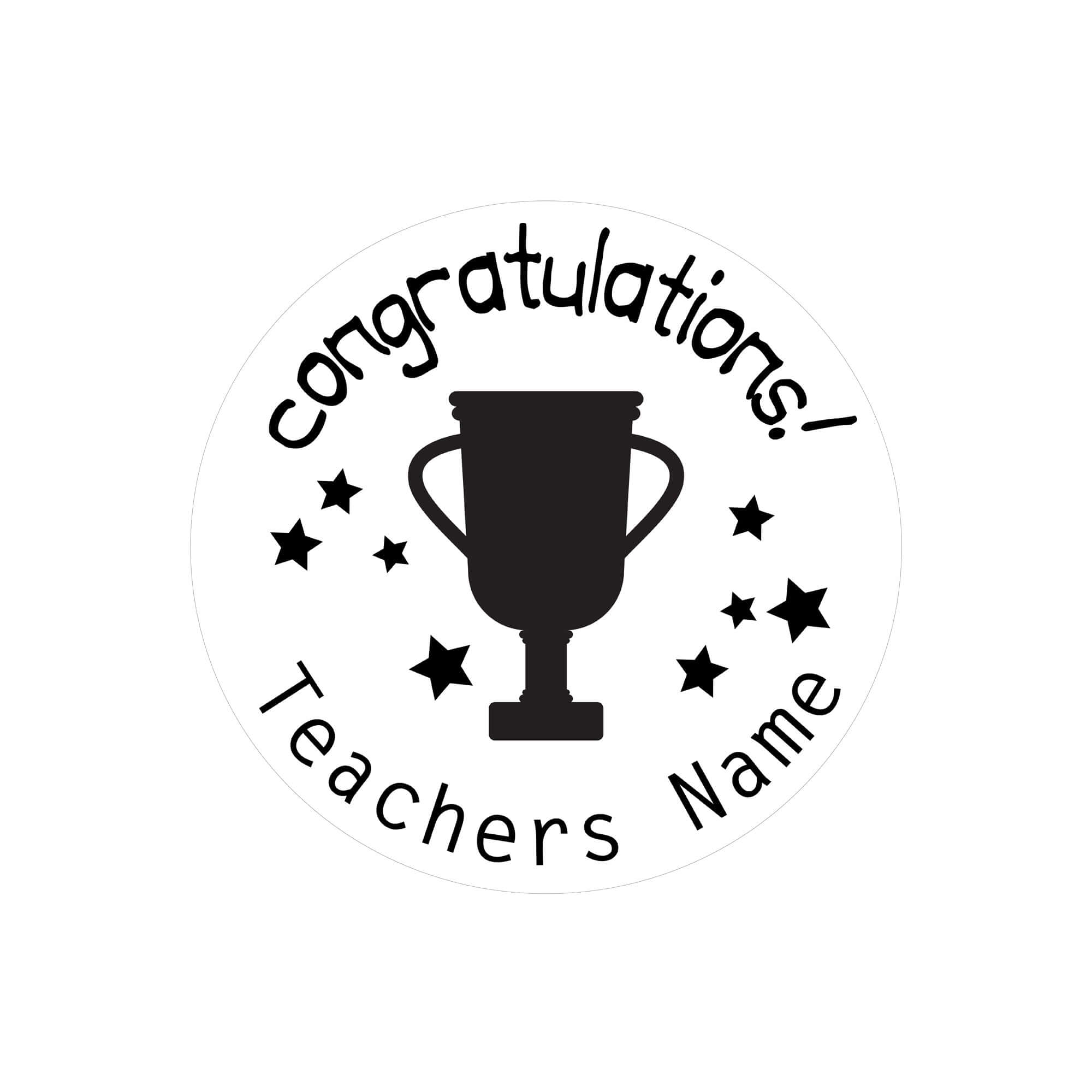 Custom teacher stamp with trophy design, featuring 'Congratulations!' and space for teacher's name.