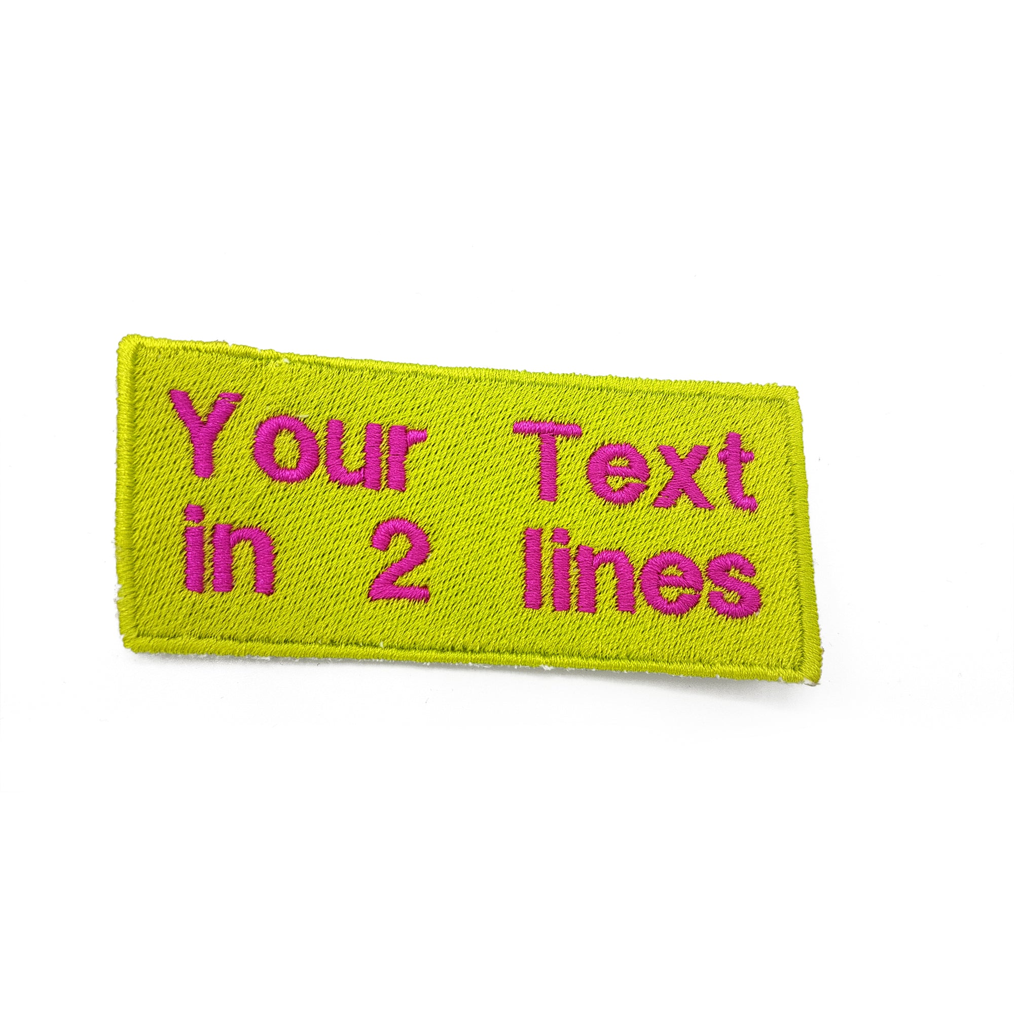Personalized embroidered patch with text on yellow background, customizable for names or phrases in various languages.