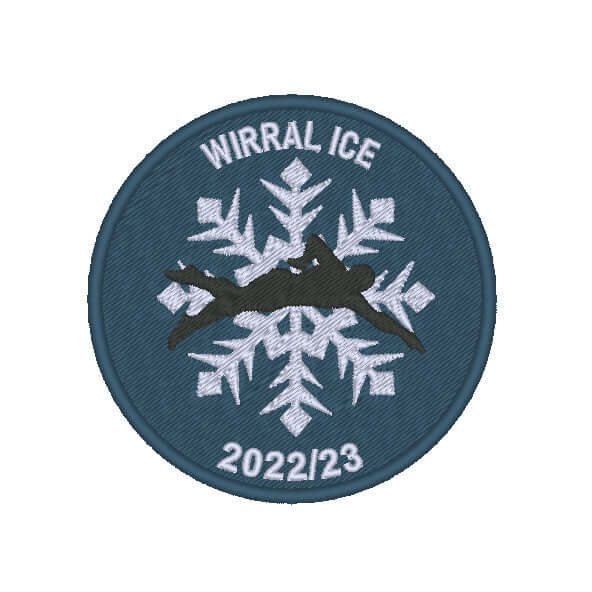 Wirral Ice embroidered patch displaying a snowflake design with the year 2022/23, crafted with 100% embroidery.