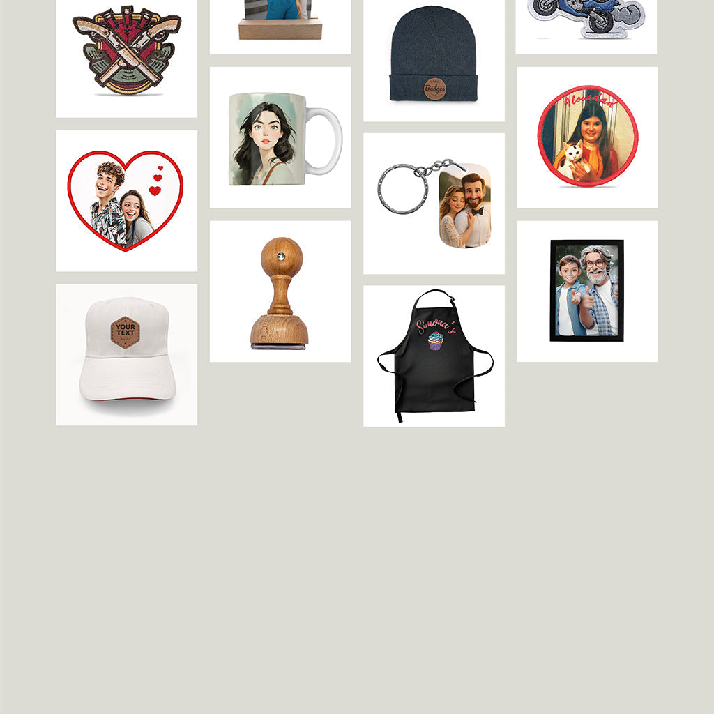 Collage of unique personalized gifts including hats, mugs, patches, and photo frames.