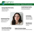 The image is a collage of several images that are used to describe the features of a product called "Sugar gecko Coaster". The collage includes a close-up of a woman's face, highlighting the product's durability, scratch-resistant surface, and cork backing. The collage also mentions the product's heat resistance and its suitability for hot and cold drinks.