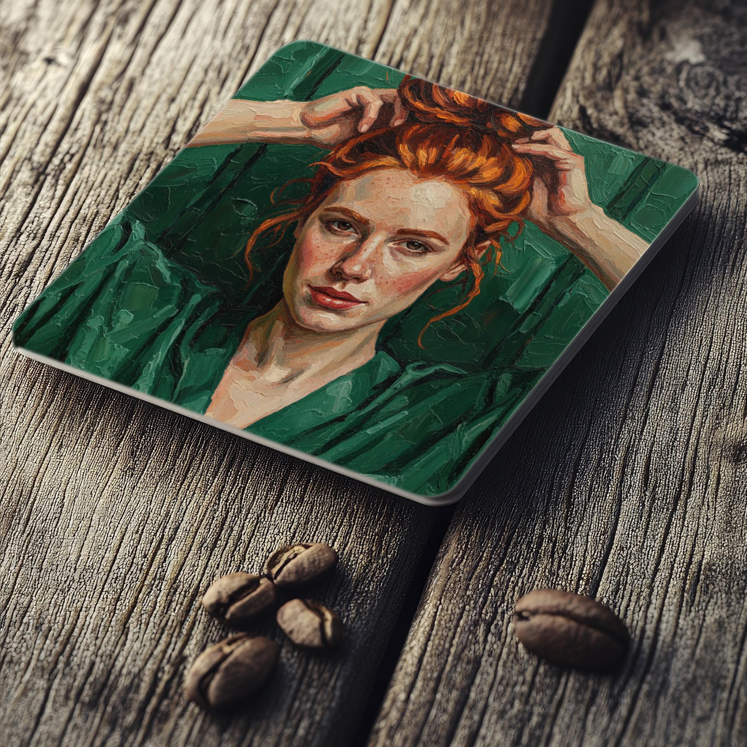 a painting of a woman with red hair, wearing a green dress, and her hands are raised to her head. coaster