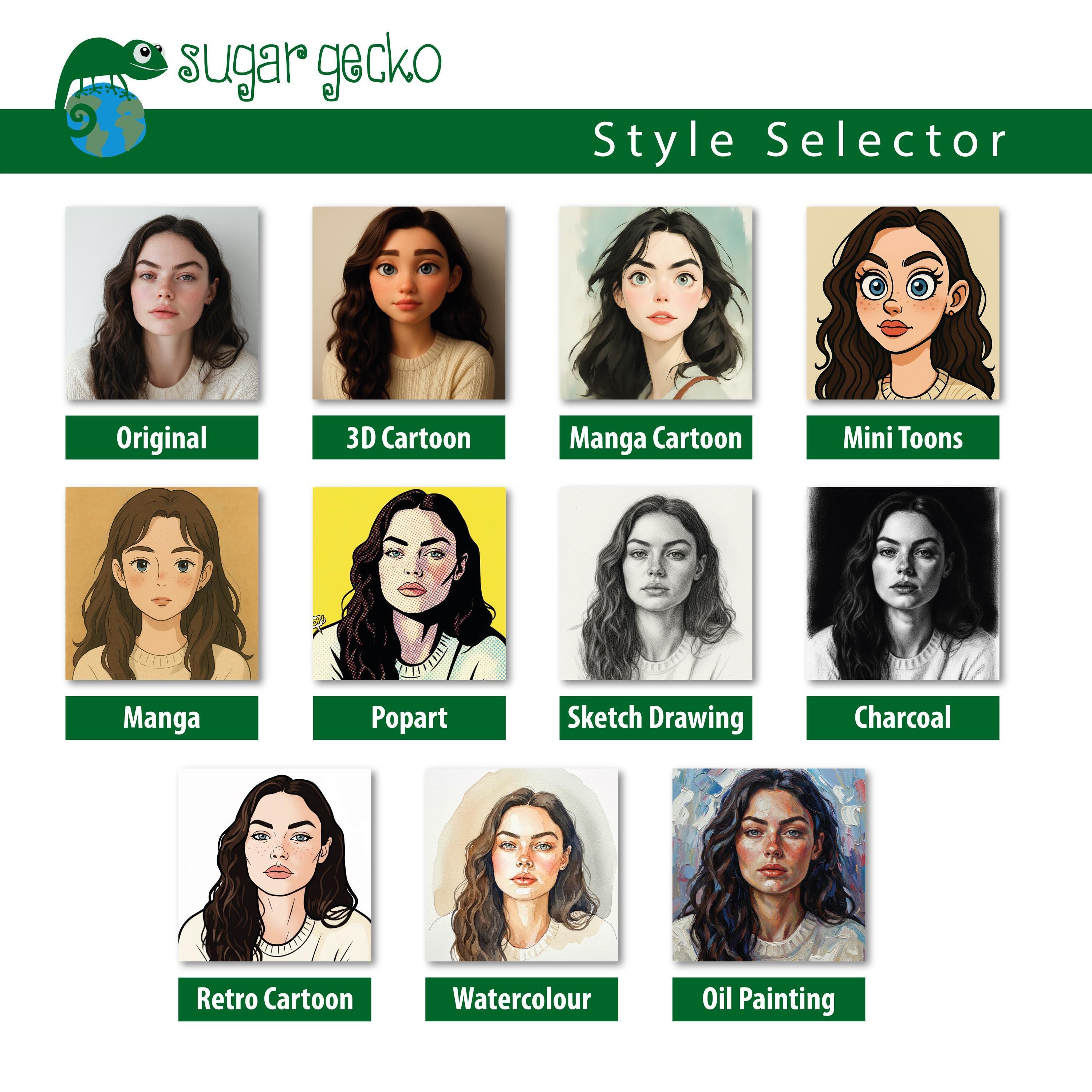 The image is a collage of nine different portraits, each depicting a woman with varying styles and techniques. The portraits include original, 3D cartoon, manga, popart, sketch drawing, charcoal, retro cartoon, watercolour, and oil painting.
