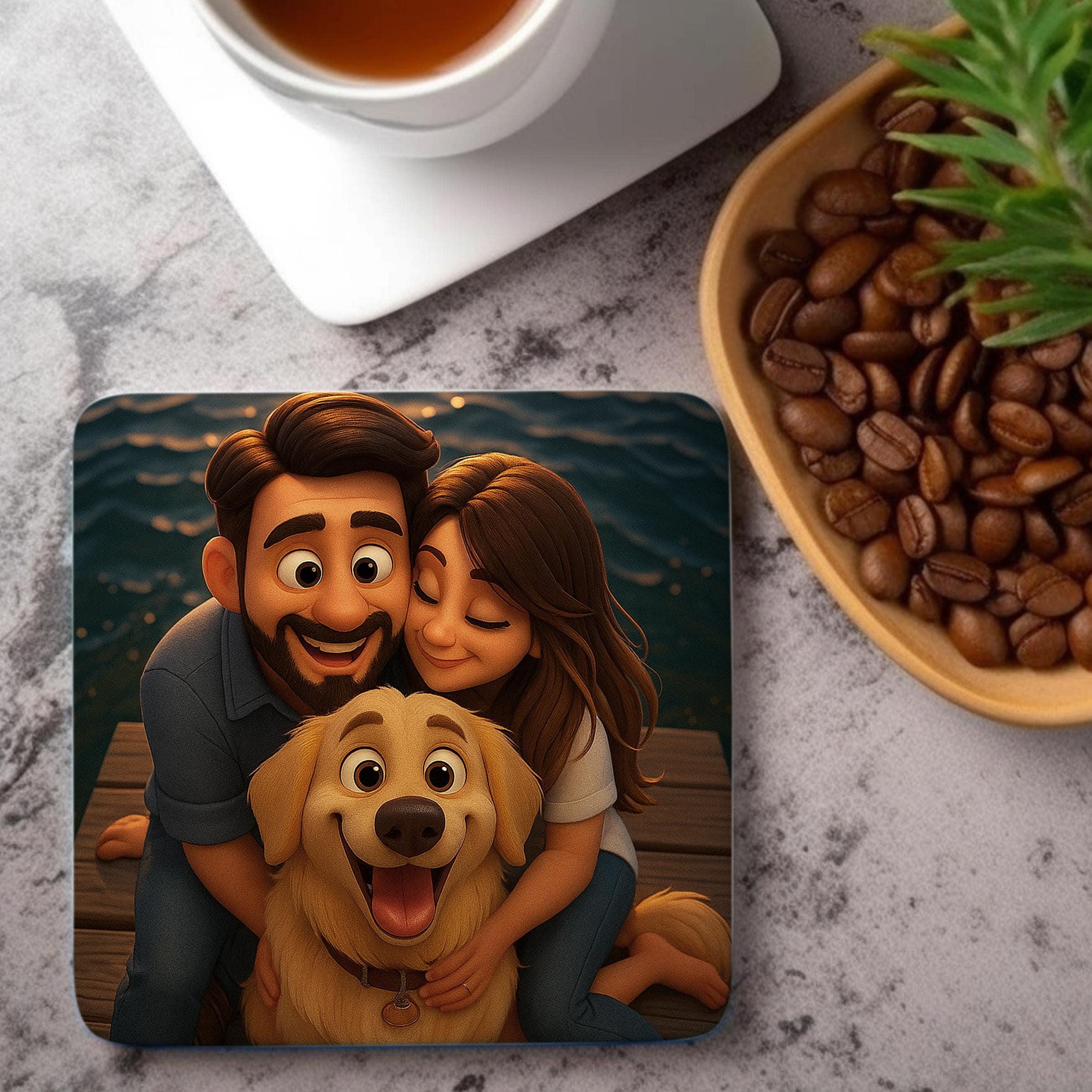 A digital illustration of a couple embracing a dog, with a cup of coffee and a bowl of coffee beans in the background. coaster