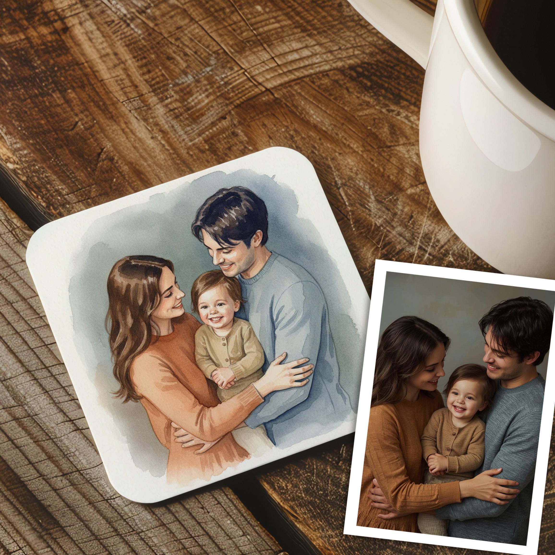a family portrait of a man, woman, and child, along with a separate photograph of the same family. coaster