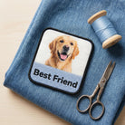 Photo patch flat-lay with denim, thread and scissors
