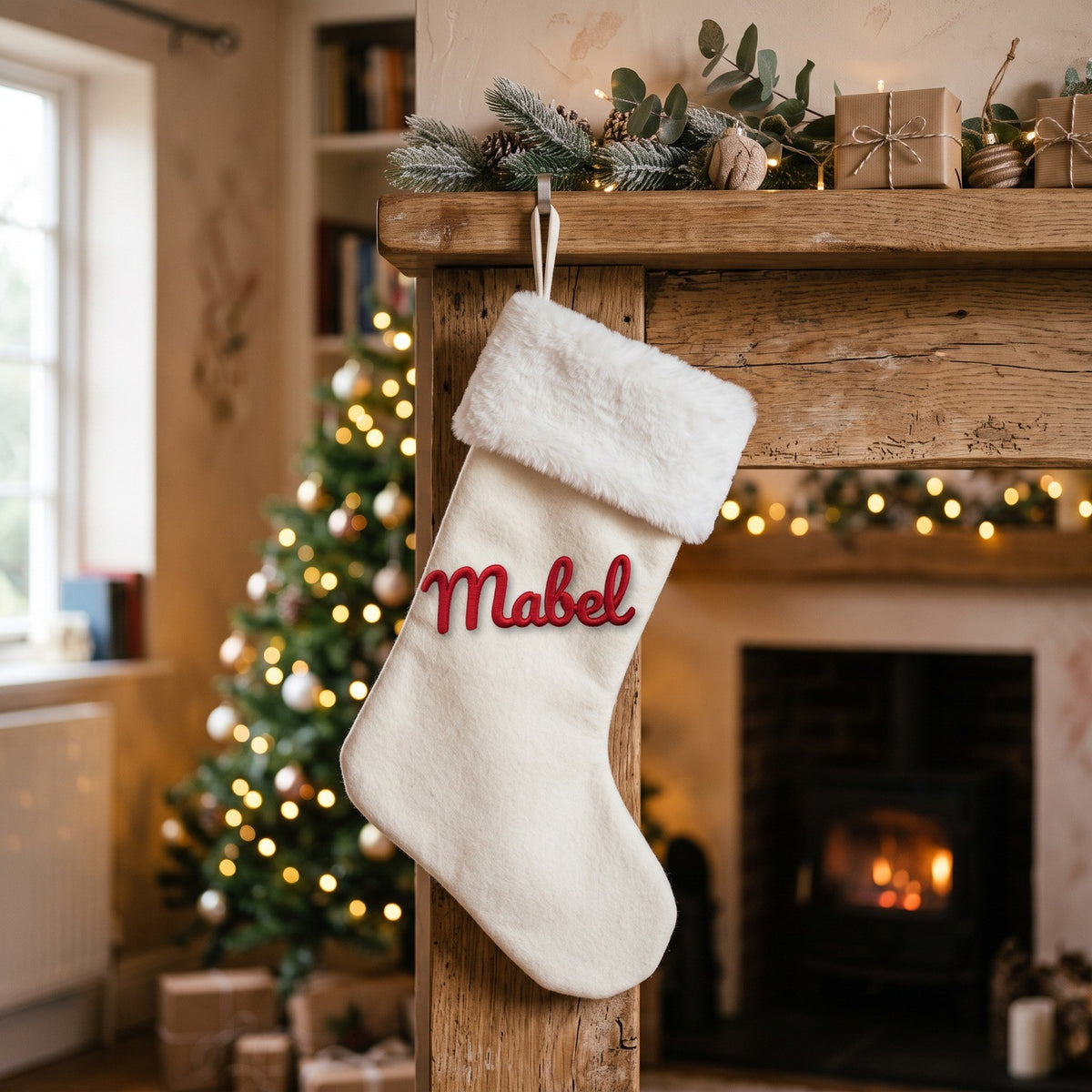 3D embroidered name patch reading Mabel ironed onto a cream Christmas stocking by the fireplace