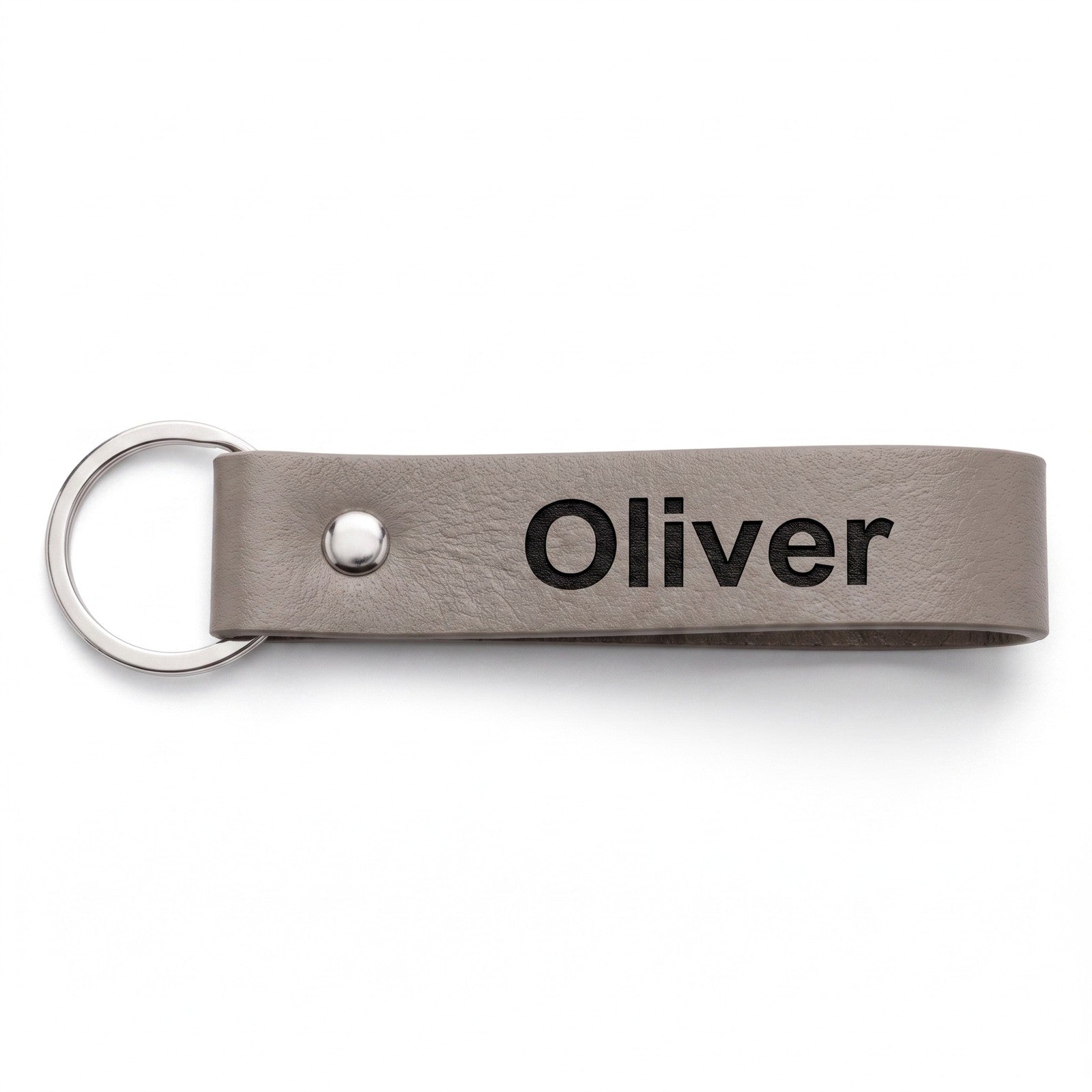 Personalised leather belt loop keyring engraved with a name, grey