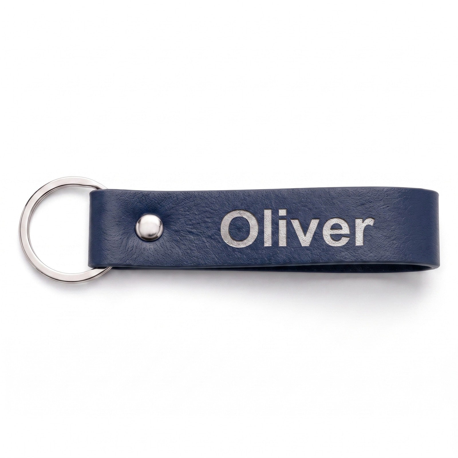 Navy leather keyring with silver laser engraving